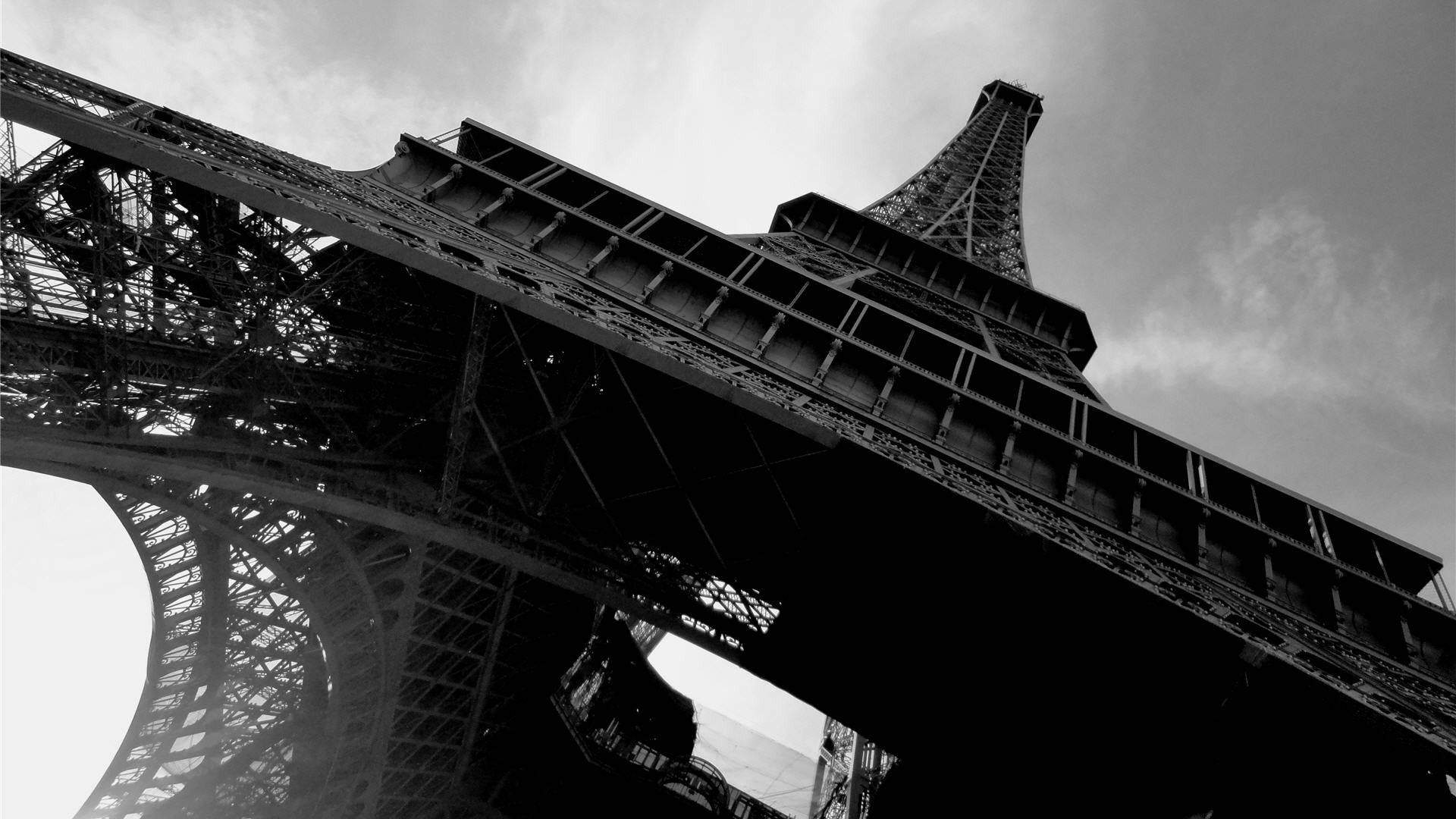 Eiffel Tower, black and white, low-angle, Full HD Desktop Wallpaper