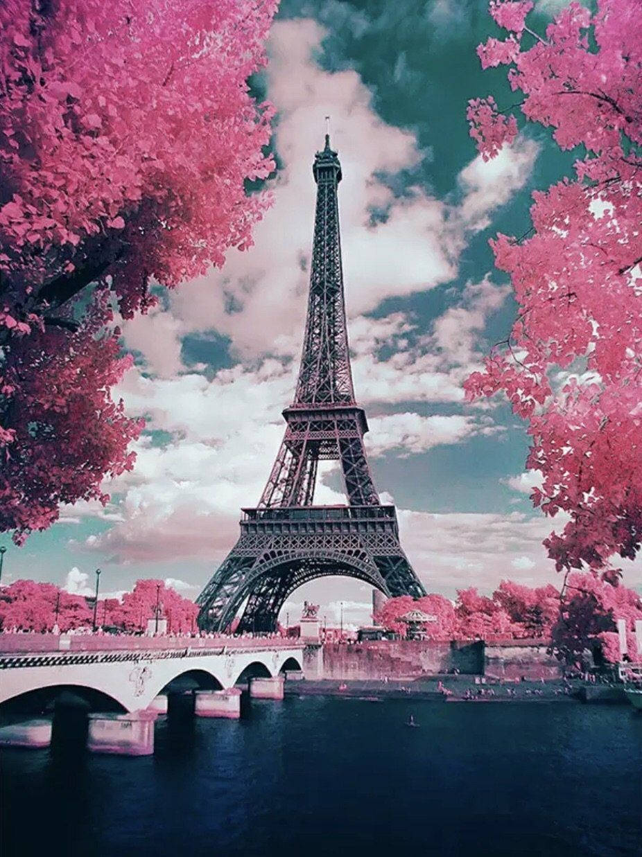 Eiffel Tower, pink cherry blossoms, teal sky, SD Phone Wallpaper
