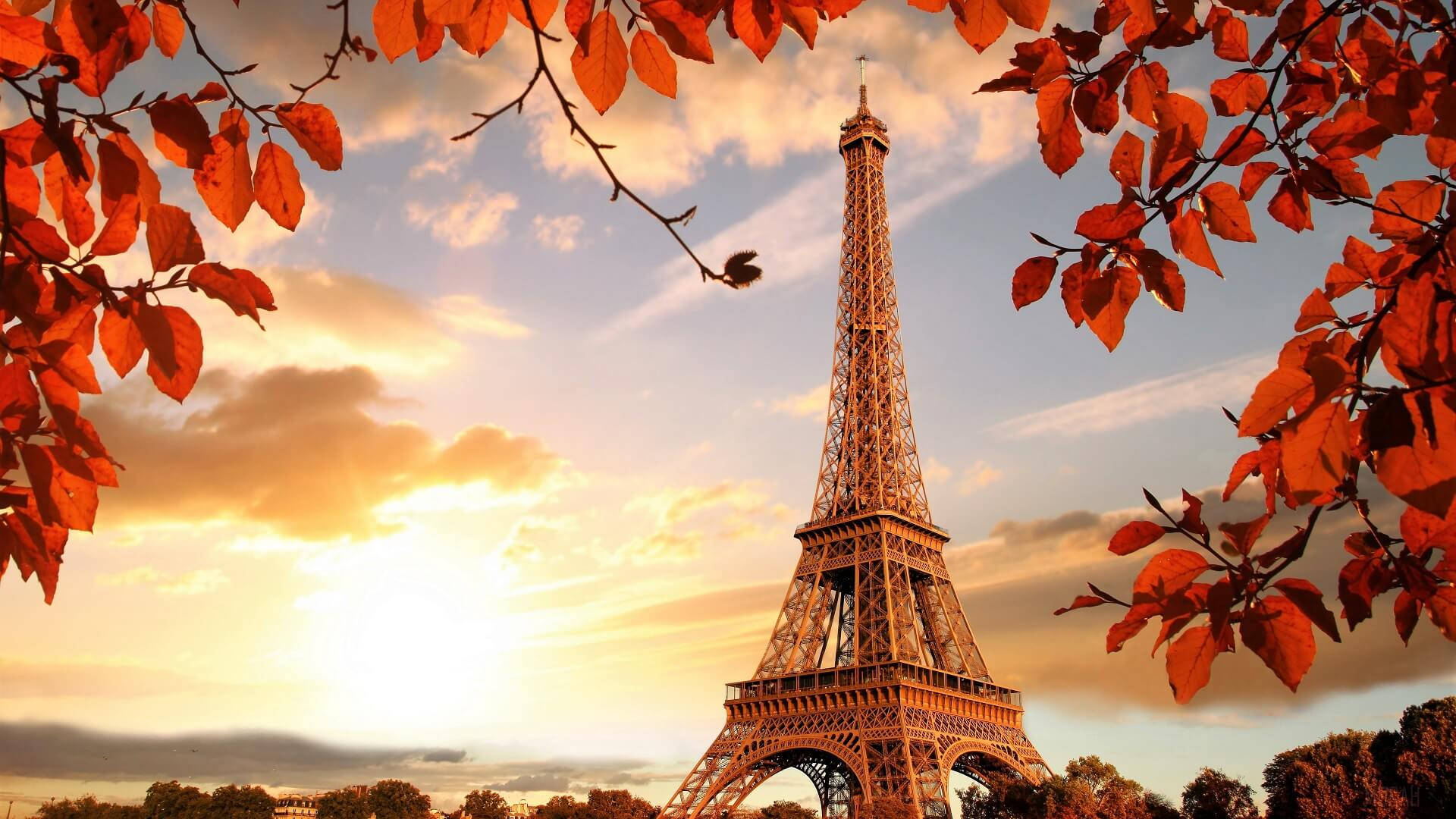 Eiffel Tower, autumn leaves, golden sunset sky, Full HD Desktop Wallpaper