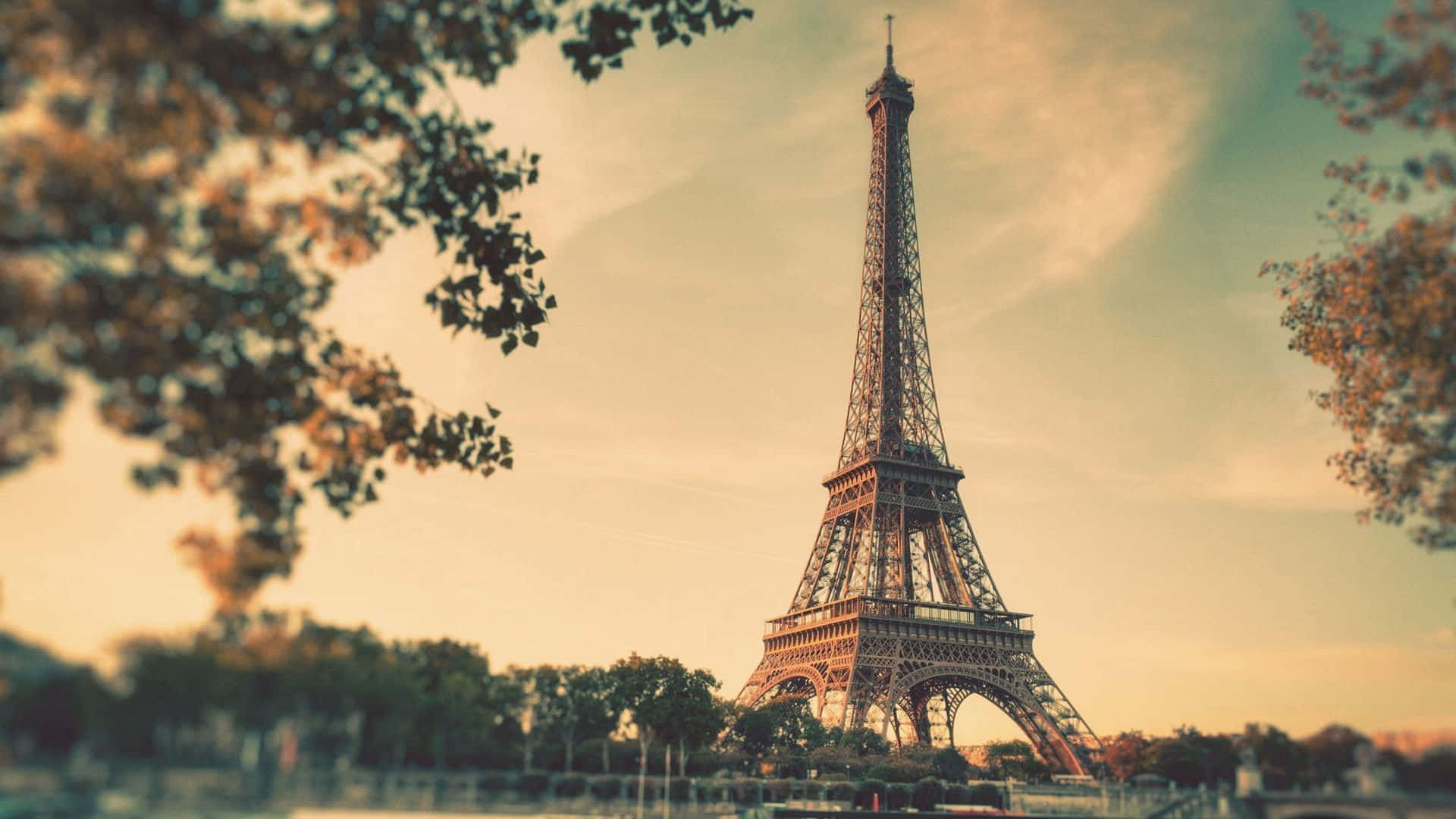 Eiffel Tower, autumn leaves, golden sunset sky, Full HD Desktop Wallpaper