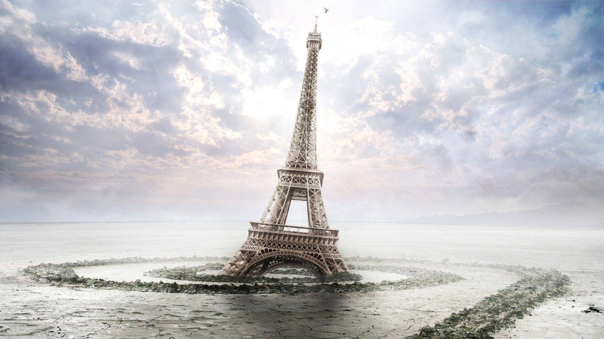 Eiffel Tower, frozen sea, cloudy sky, Full HD Desktop Wallpaper