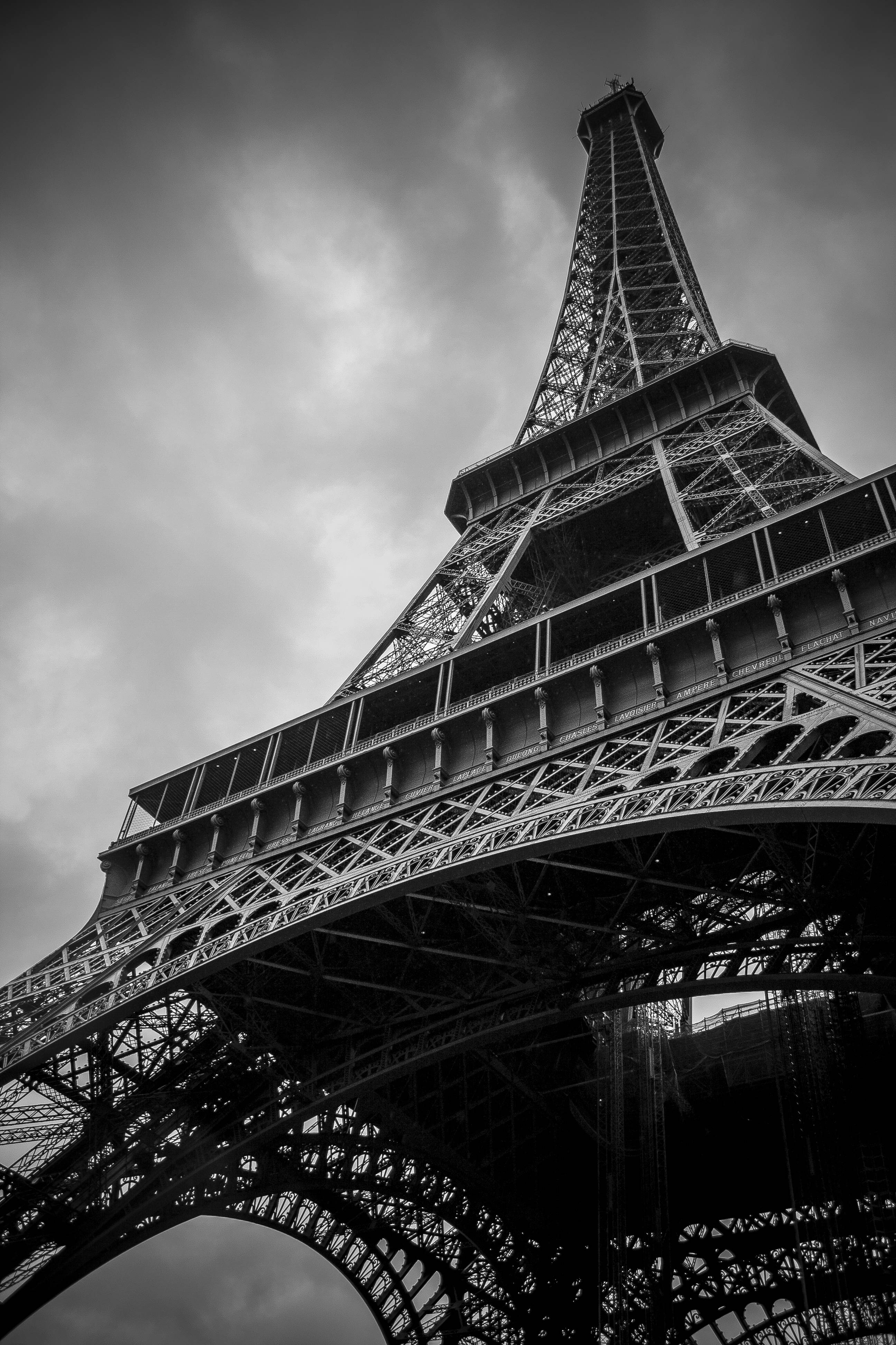 Eiffel Tower, black and white, low-angle, 4K Phone Wallpaper