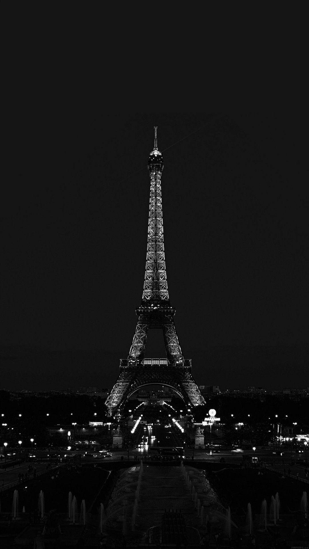 Eiffel Tower, pitch black night sky, black and white, Full HD Phone Wallpaper