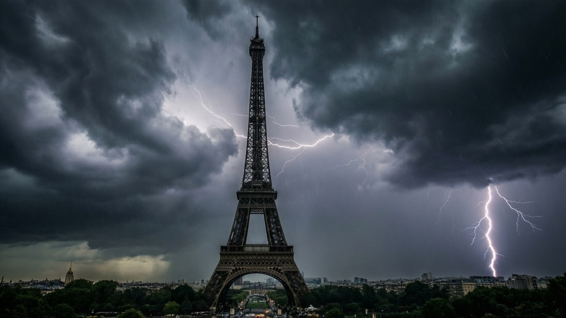 Eiffel Tower, stormy sky, jagged lightning, Full HD Desktop Wallpaper