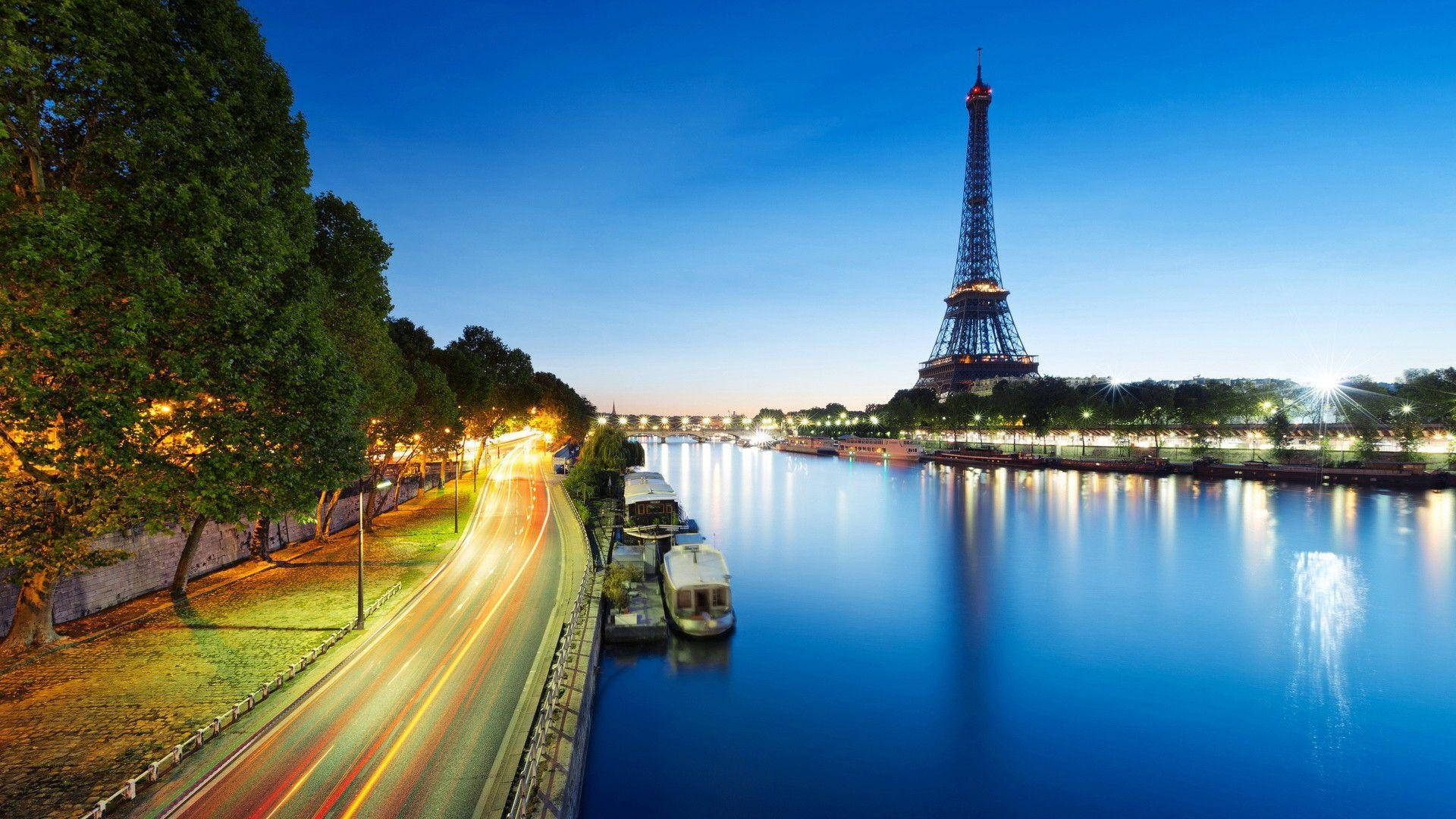 Eiffel Tower, dusk, serene river, Full HD Desktop Wallpaper