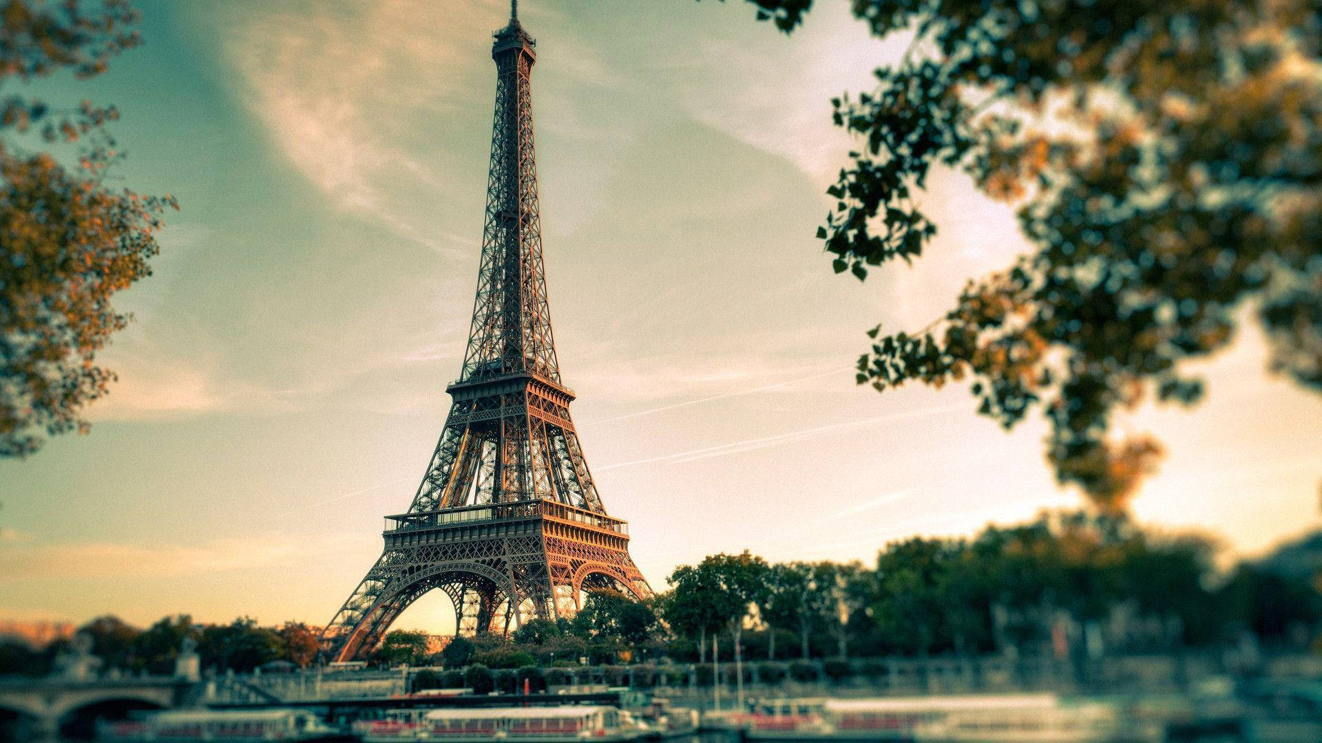 Eiffel Tower, autumn leaves, golden sunset sky, Full HD Desktop Wallpaper