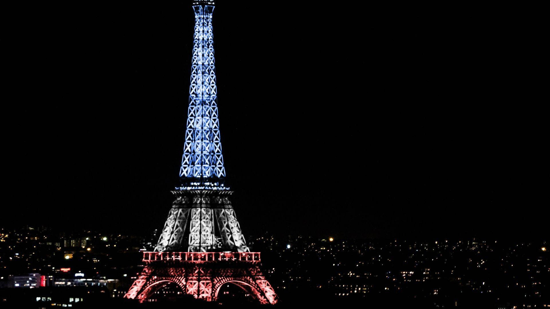 Eiffel Tower, blue lights, red lights, Full HD Desktop Wallpaper