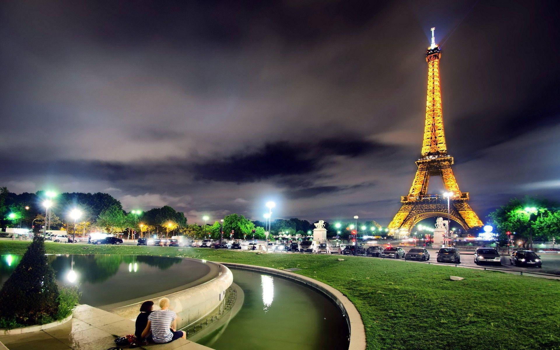 Eiffel Tower, night, golden, Full HD Desktop Wallpaper