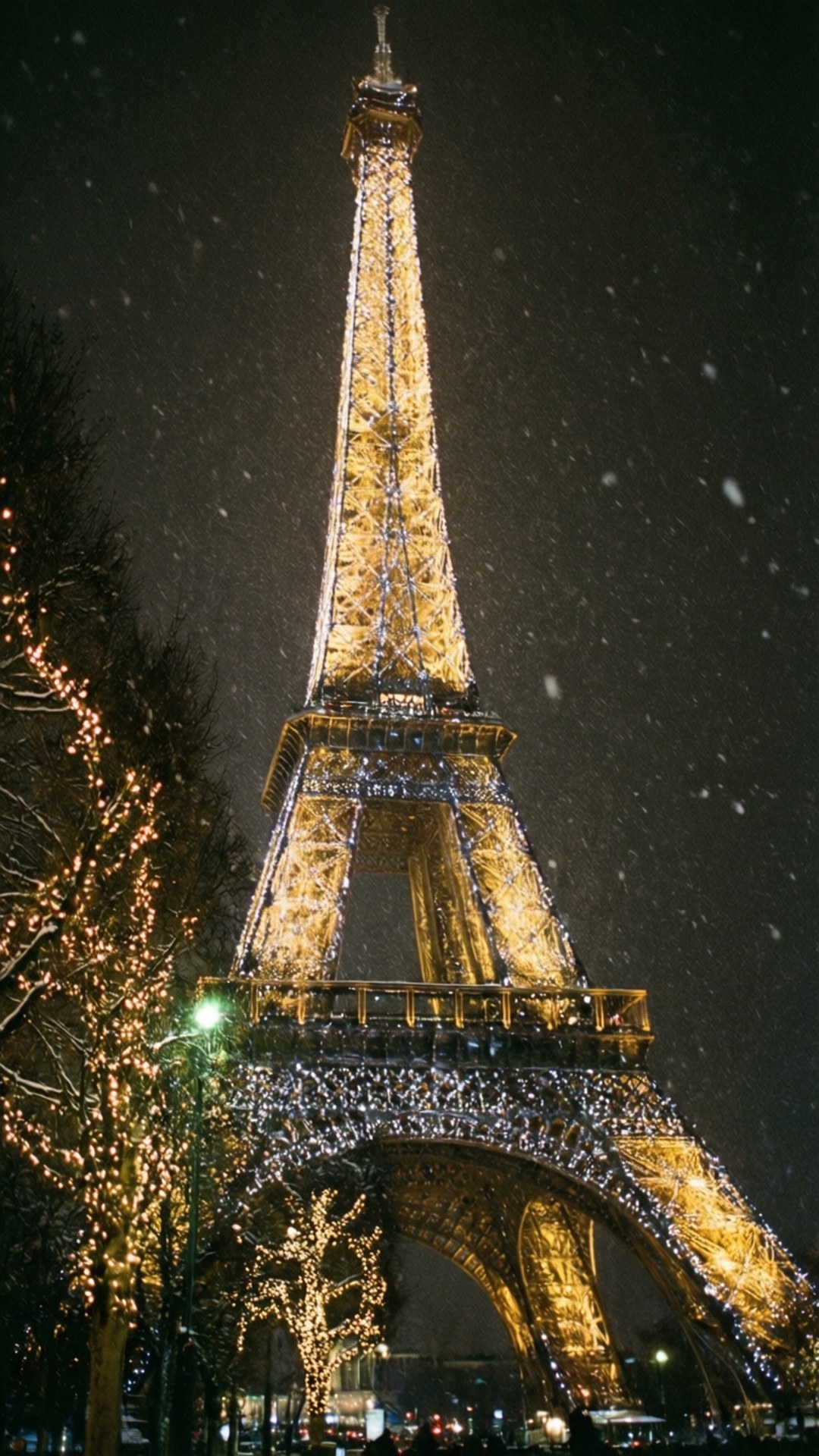 Eiffel Tower, falling snow, festive lights, Full HD Phone Wallpaper