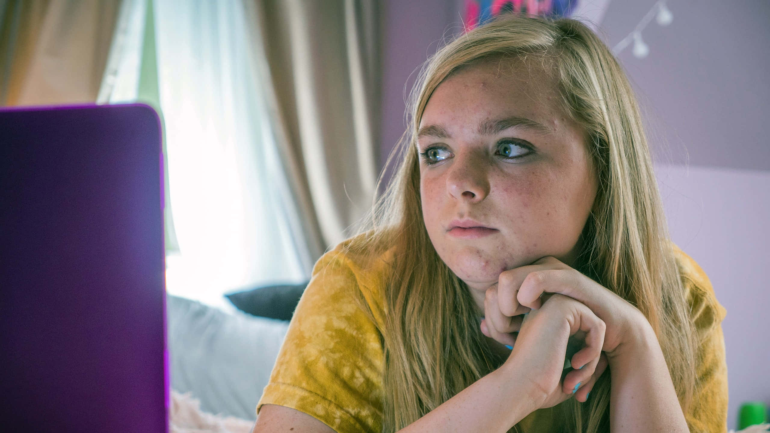 eighth grade student, blonde hair, purple laptop, 2K Desktop Wallpaper