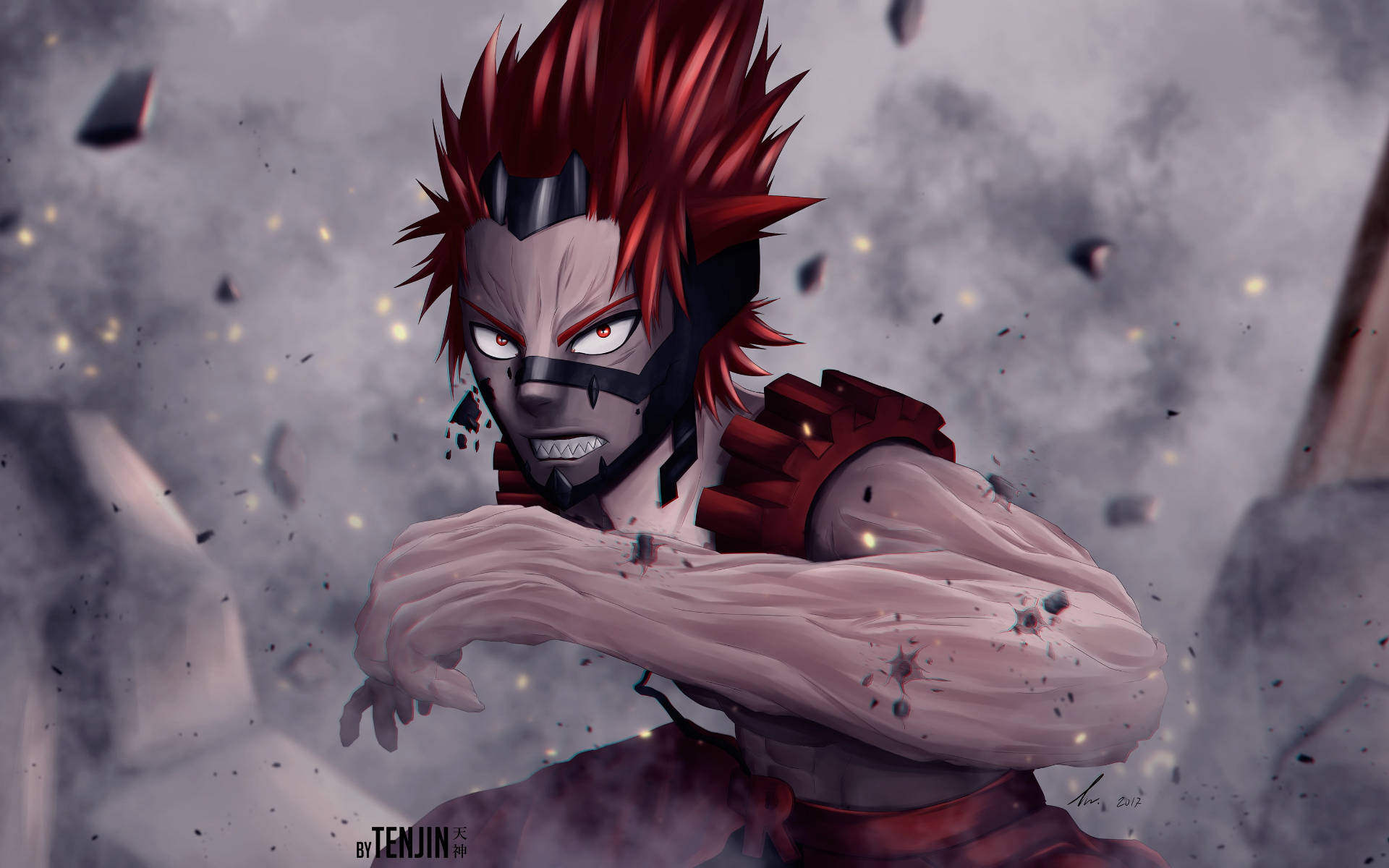 Eijiro Kirishima, red spiky hair, black mask, Full HD Desktop Wallpaper