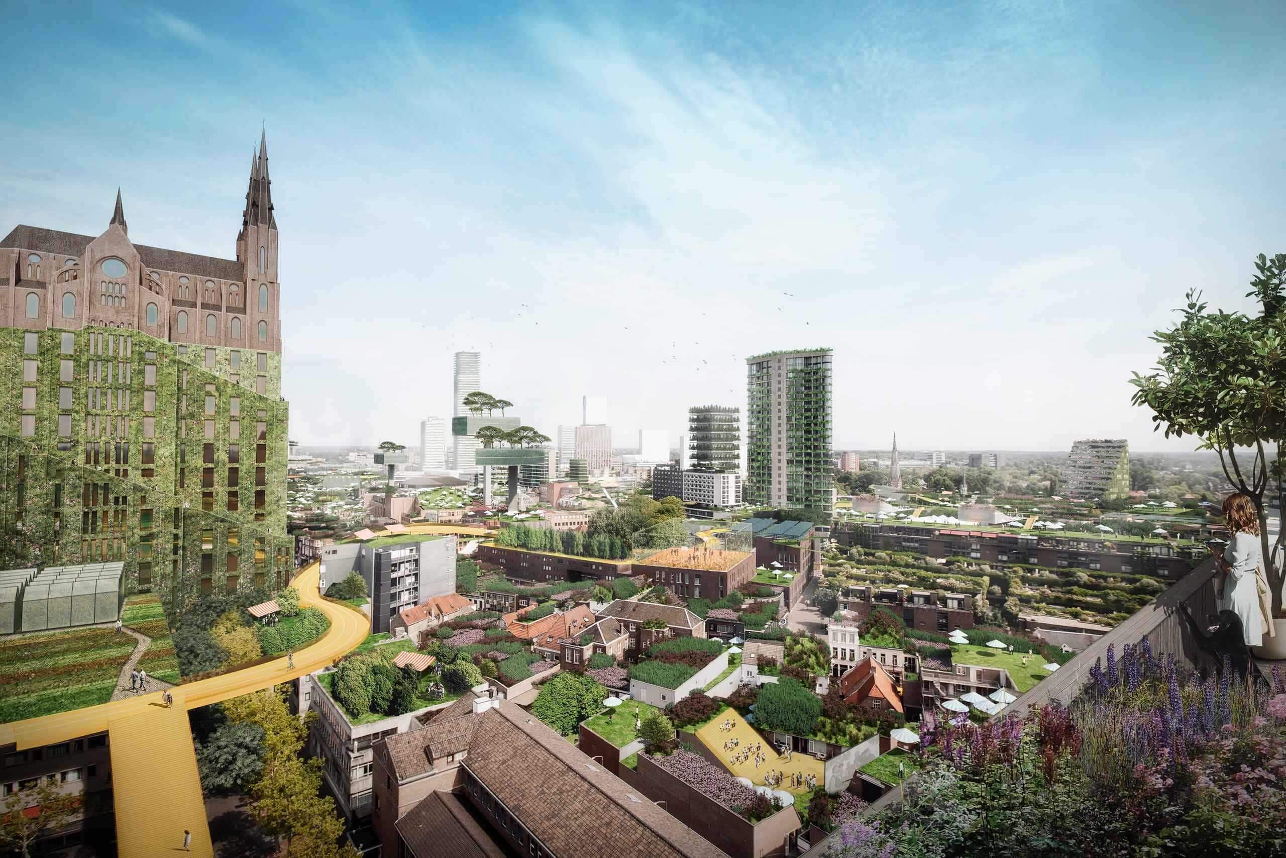Eindhoven, futuristic cityscape, historic architecture, 2K Desktop Wallpaper