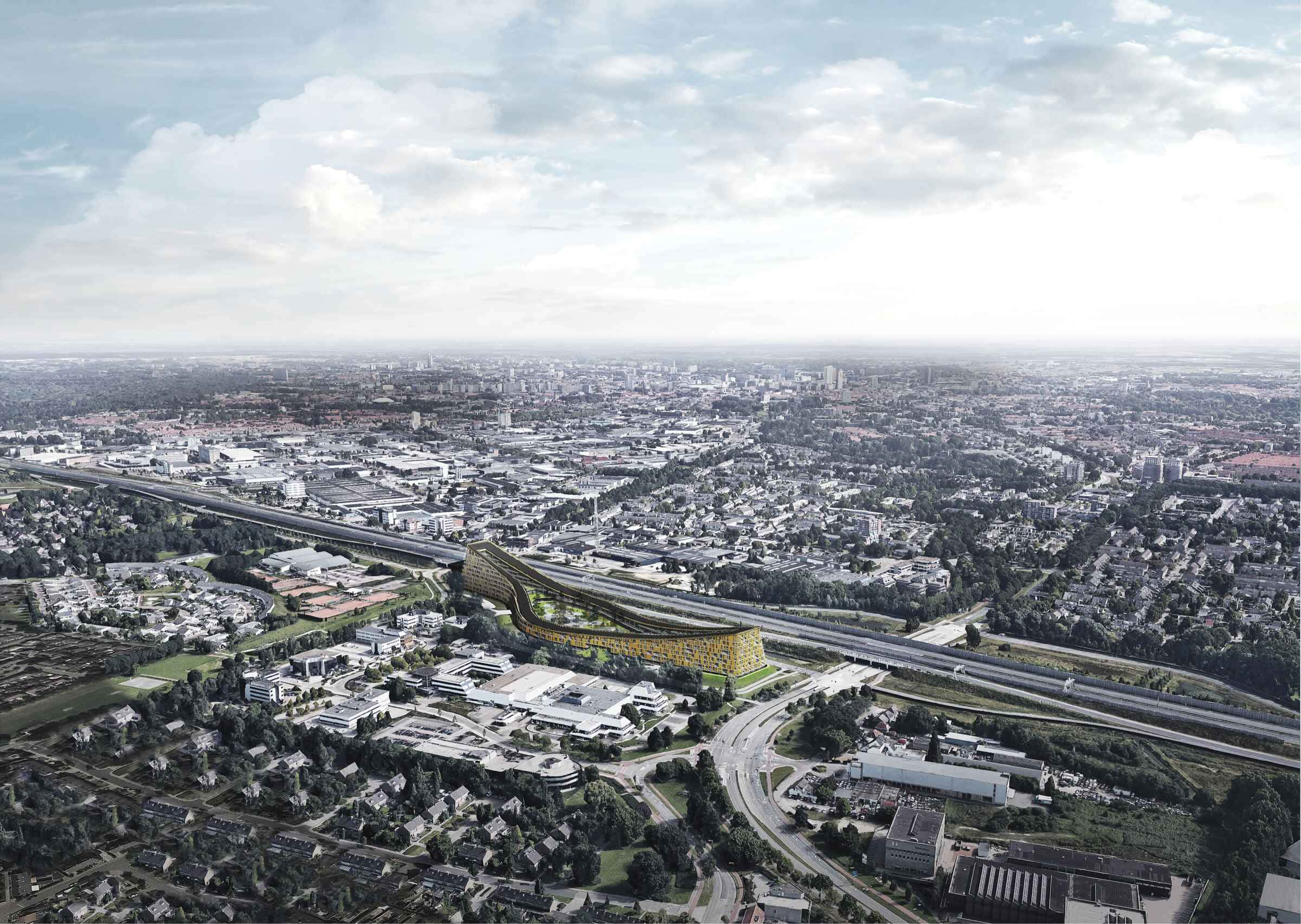 Eindhoven, aerial view, golden-green architectural structure, Full HD Desktop Wallpaper