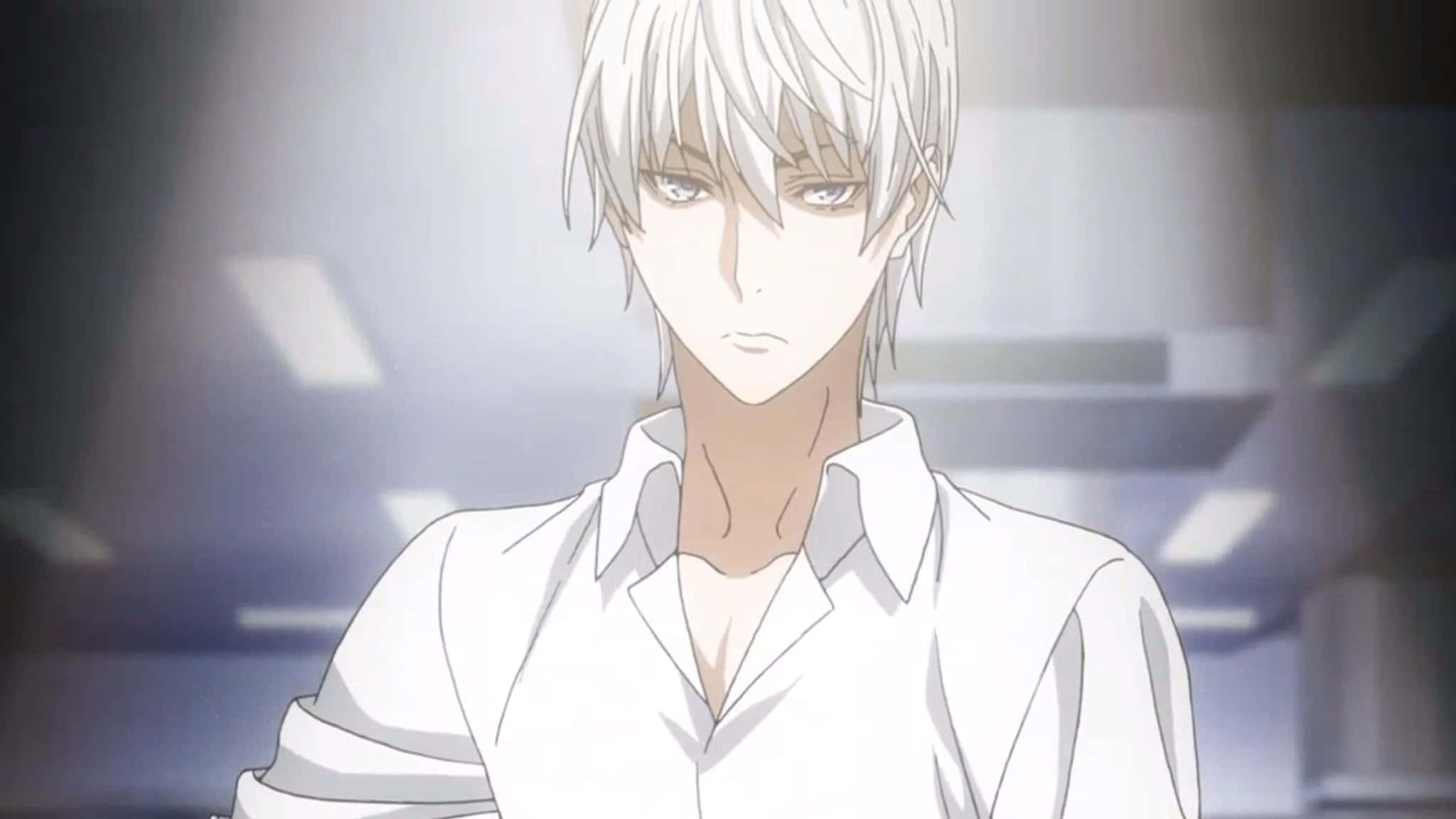Eishi Tsukasa, silver-haired anime man, white shirt, Full HD Desktop Wallpaper