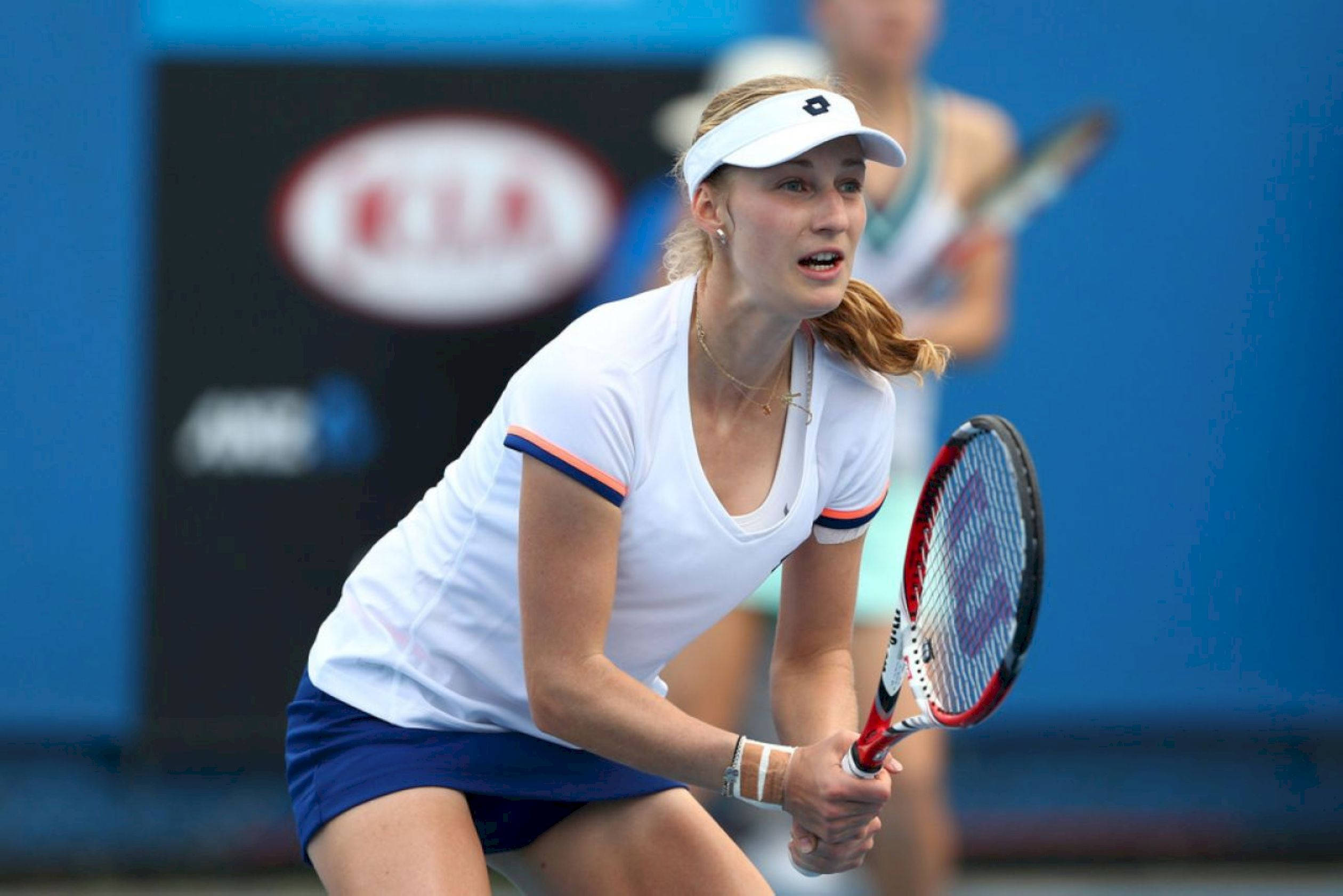 Ekaterina Makarova, tennis ready position, white and blue gear, Full HD Desktop Wallpaper
