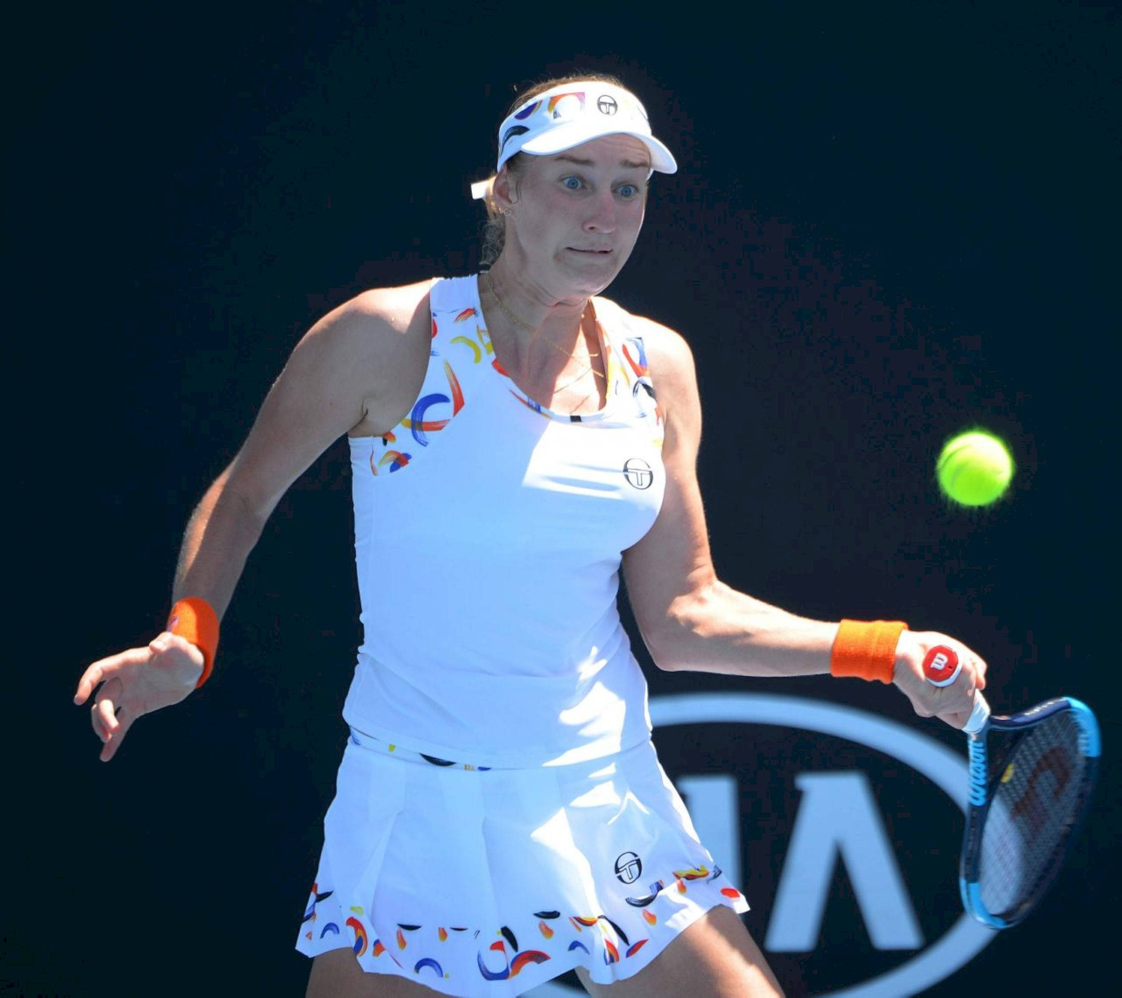 Ekaterina Makarova, white athletic gear, bright green ball, Full HD Desktop Wallpaper