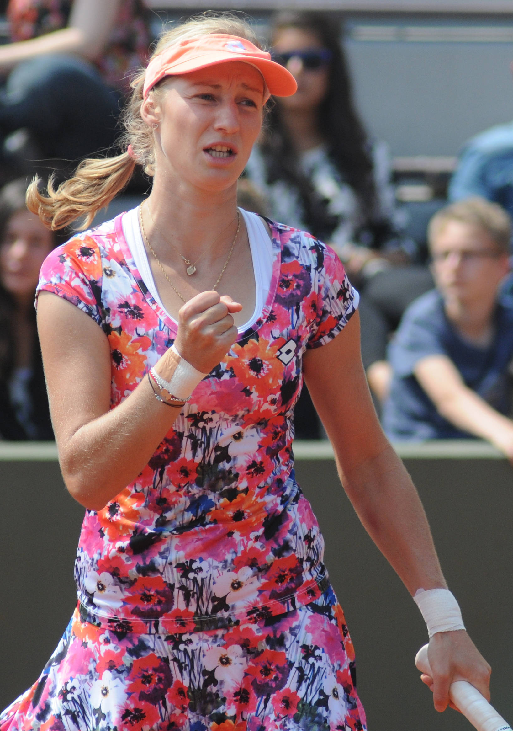 Ekaterina Makarova, floral tennis dress, orange visor, Full HD Phone Wallpaper