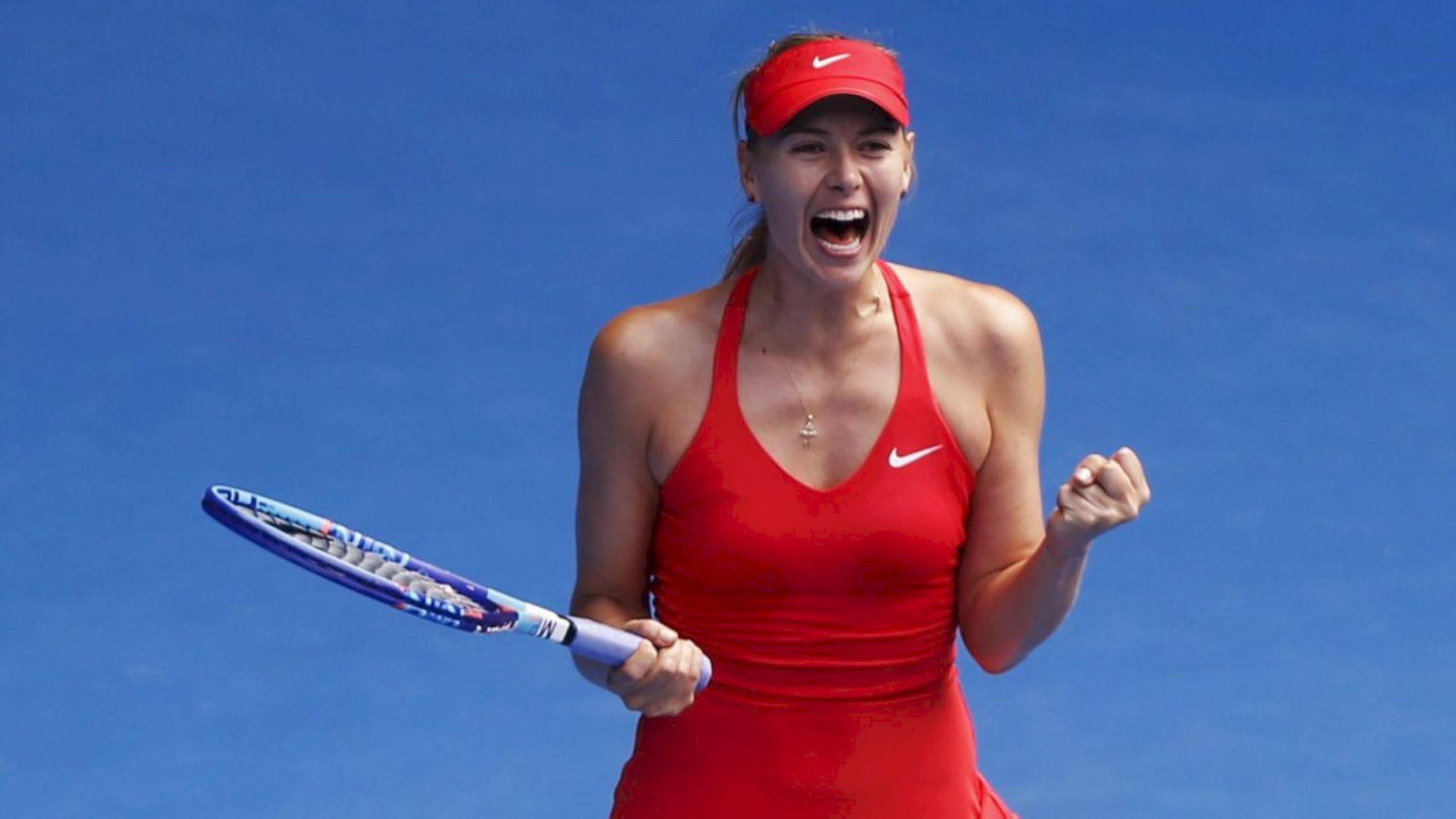 Ekaterina Makarova, red outfit, clenched fist, Full HD Desktop Wallpaper