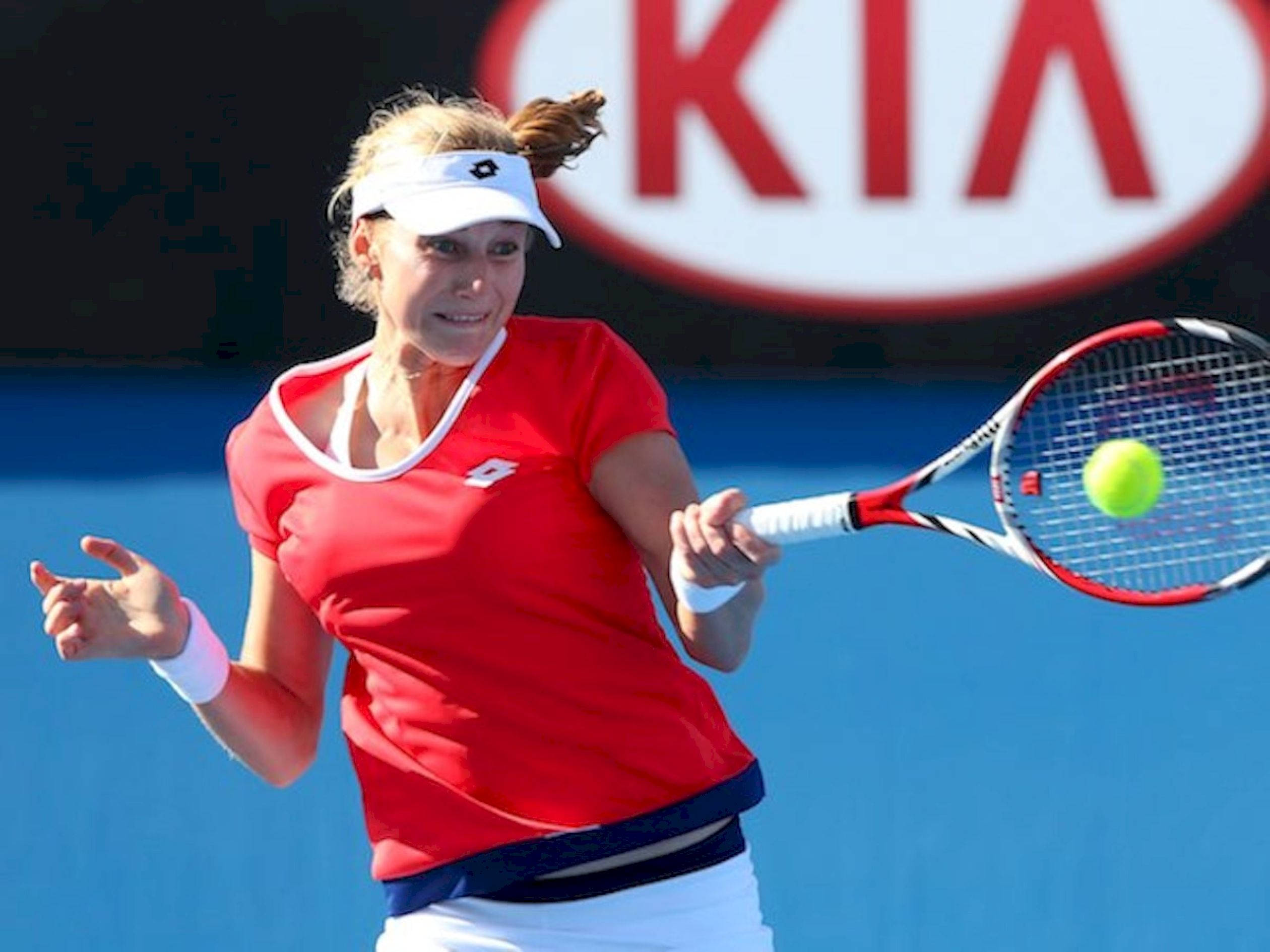 Ekaterina Makarova, red shirt, bright yellow ball, Full HD Desktop Wallpaper