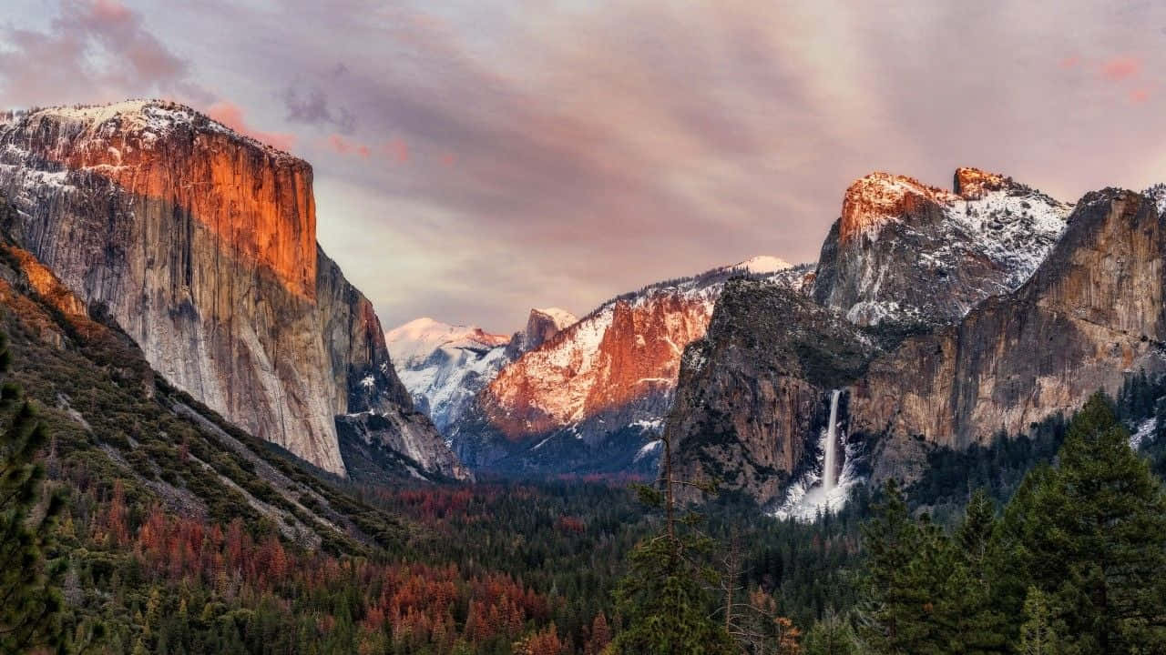 El Capitan, sunset, snow-capped granite cliffs, HD Desktop Wallpaper