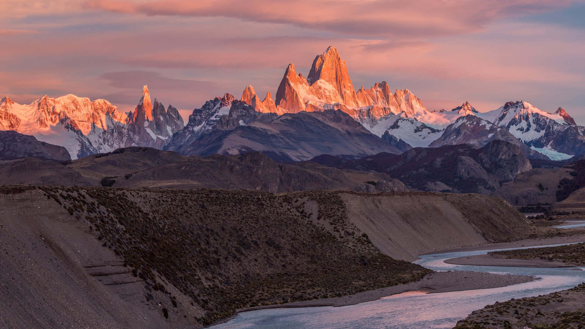 El Chalten, golden pink sunset, snow-capped peaks, Full HD Desktop Wallpaper