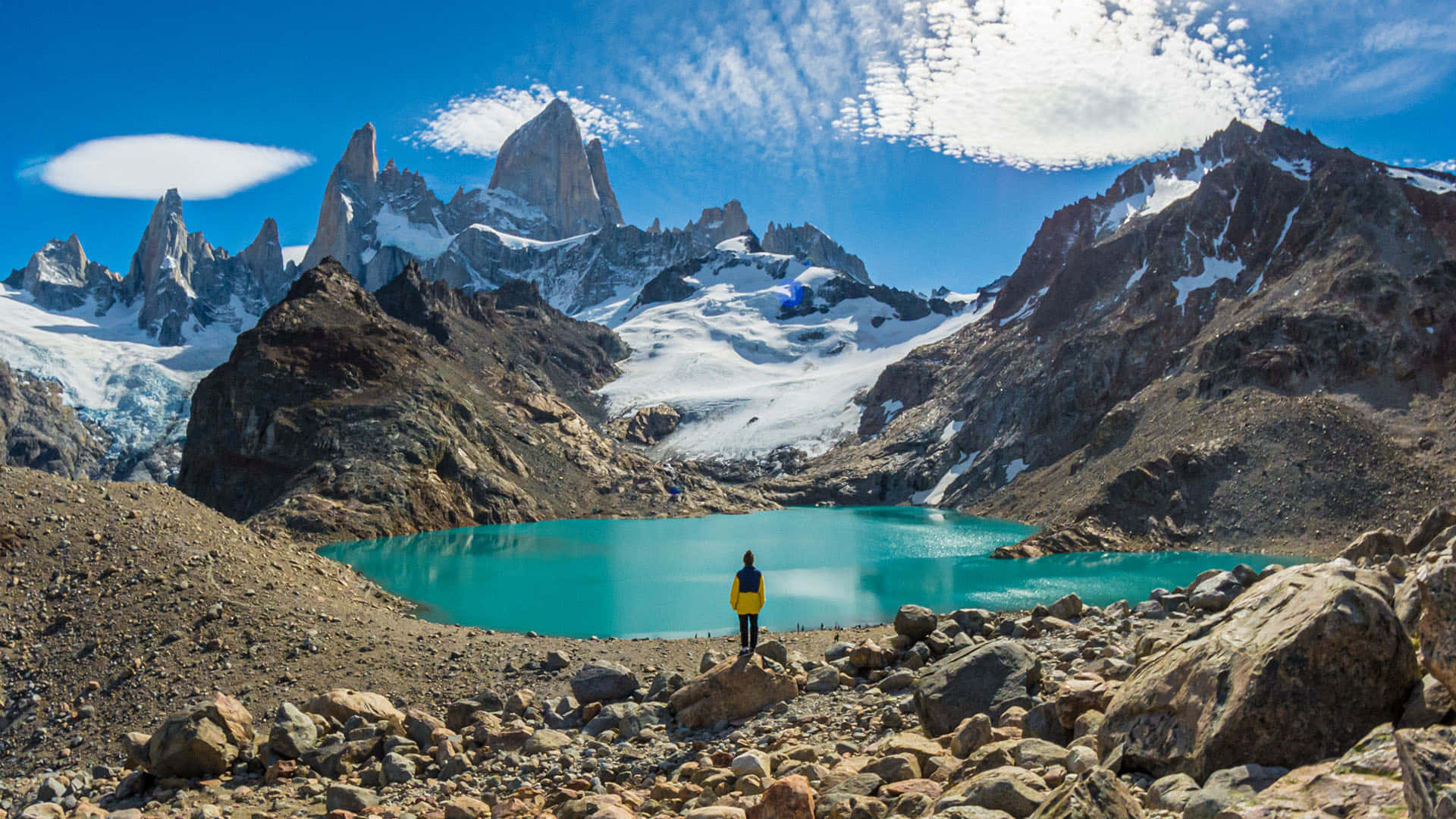 El Chalten, yellow jacket, turquoise lake, Full HD Desktop Wallpaper