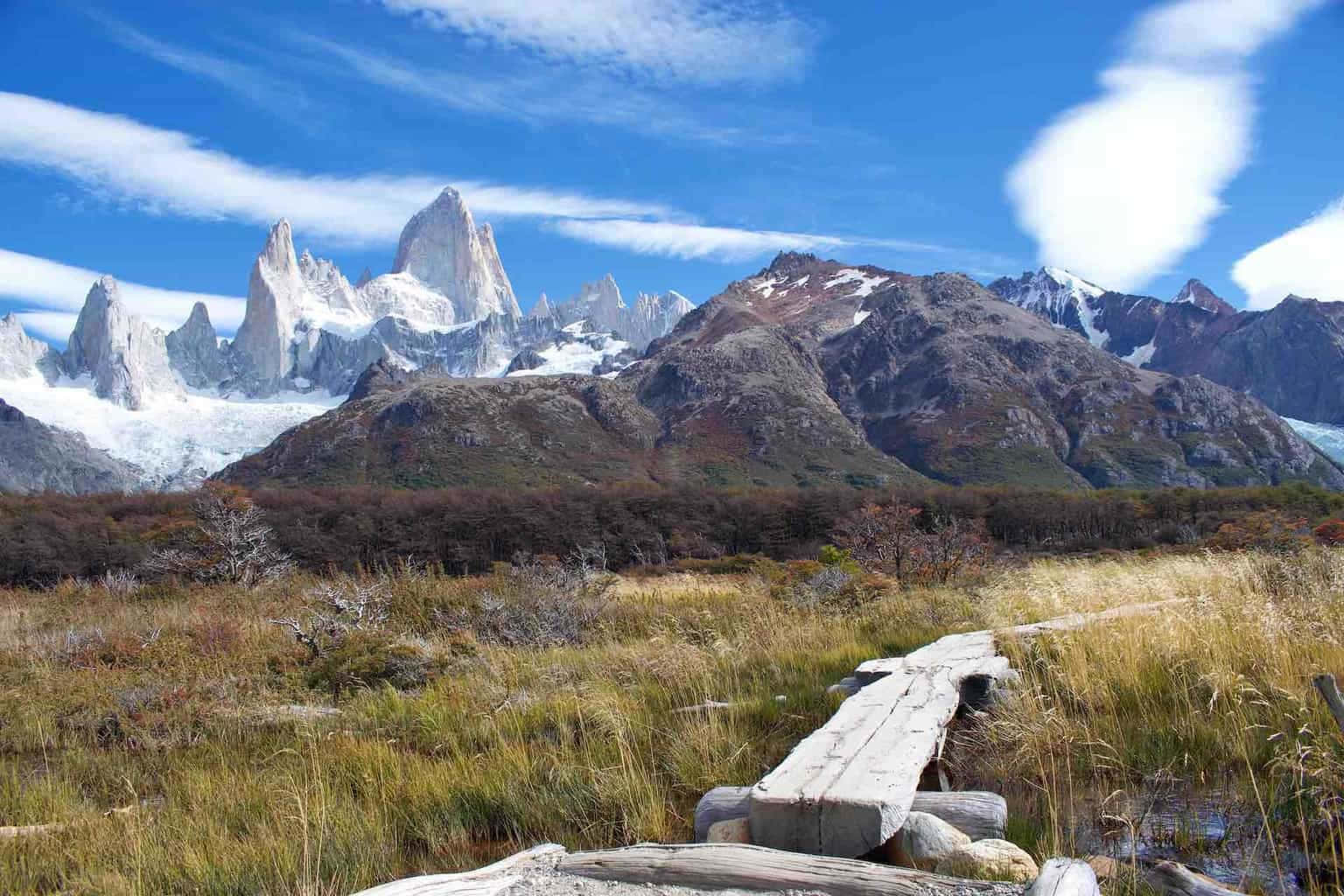El Chalten, golden grass, snowcapped peaks, HD Desktop Wallpaper