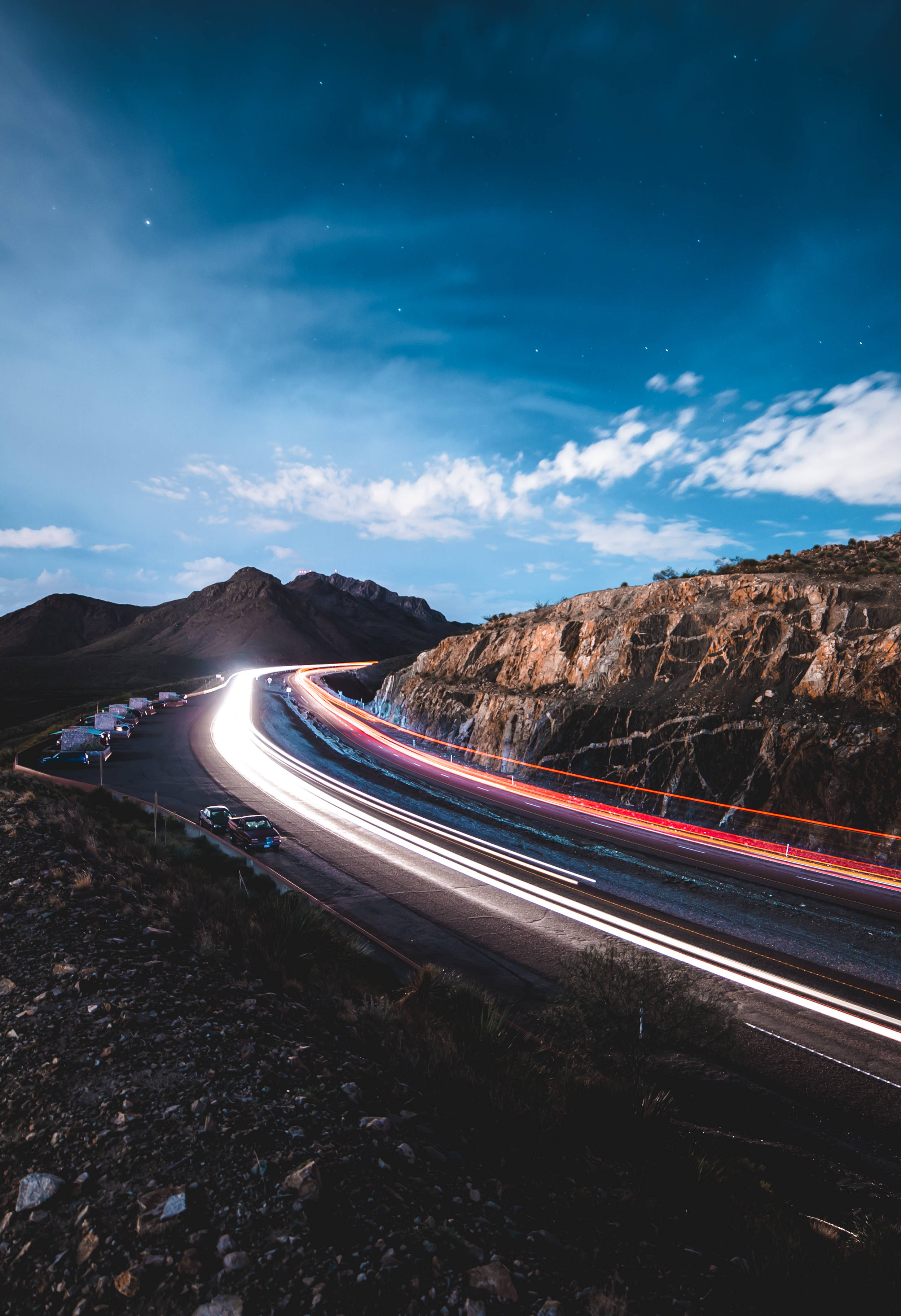 El Paso, mountain highway, starry twilight sky, 2K Phone Wallpaper
