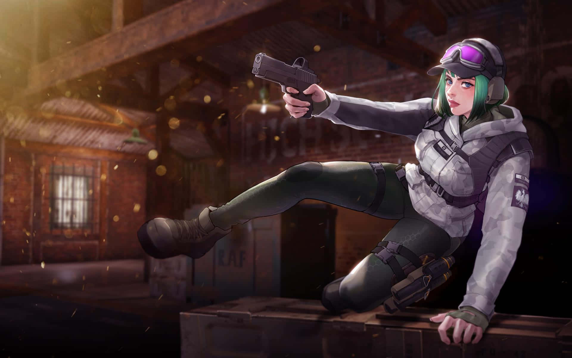 Ela R6, green hair, pistol, Full HD Desktop Wallpaper