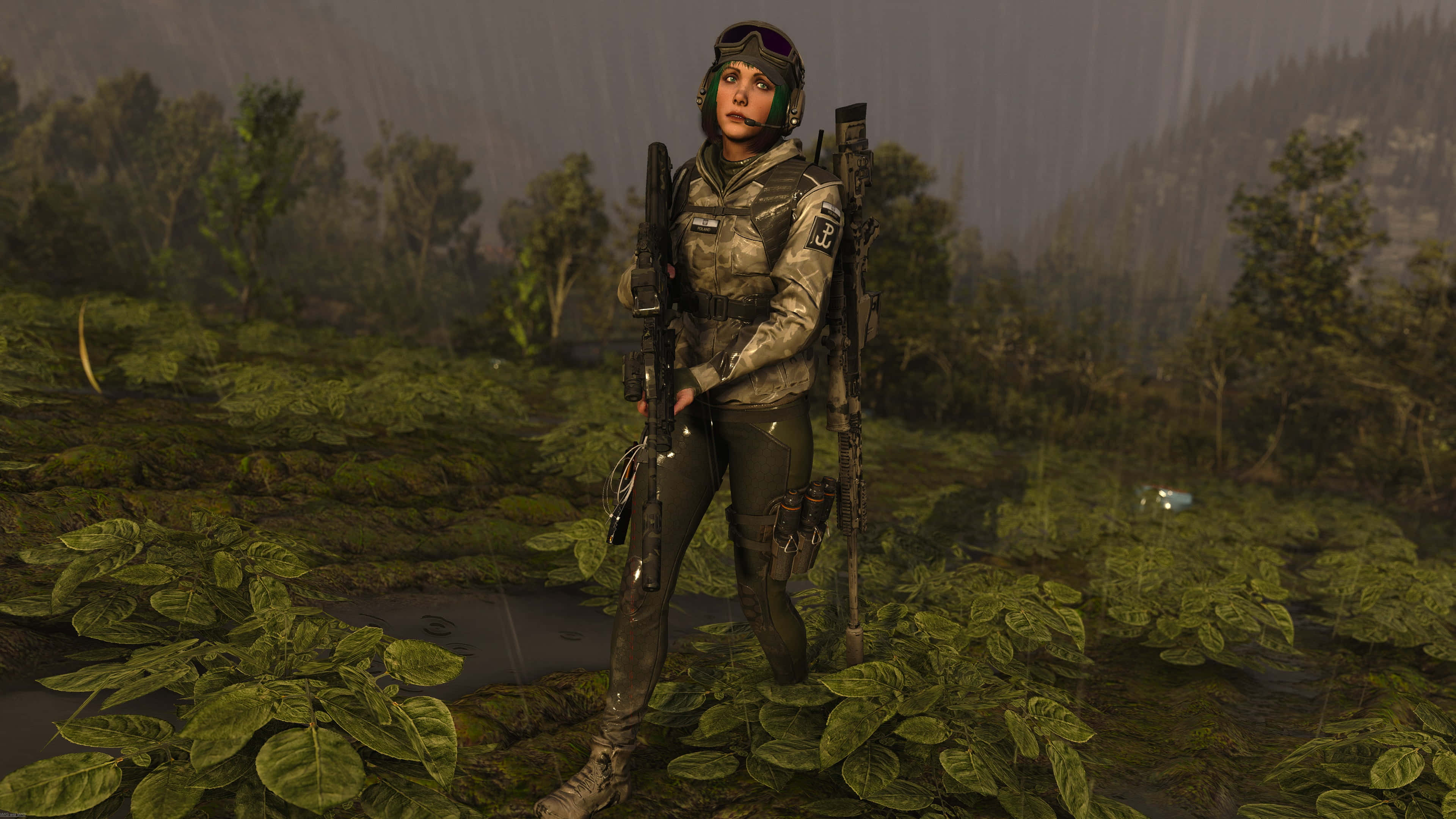 Ela R6, camouflage gear, rain-soaked swamp, 4K Desktop Wallpaper