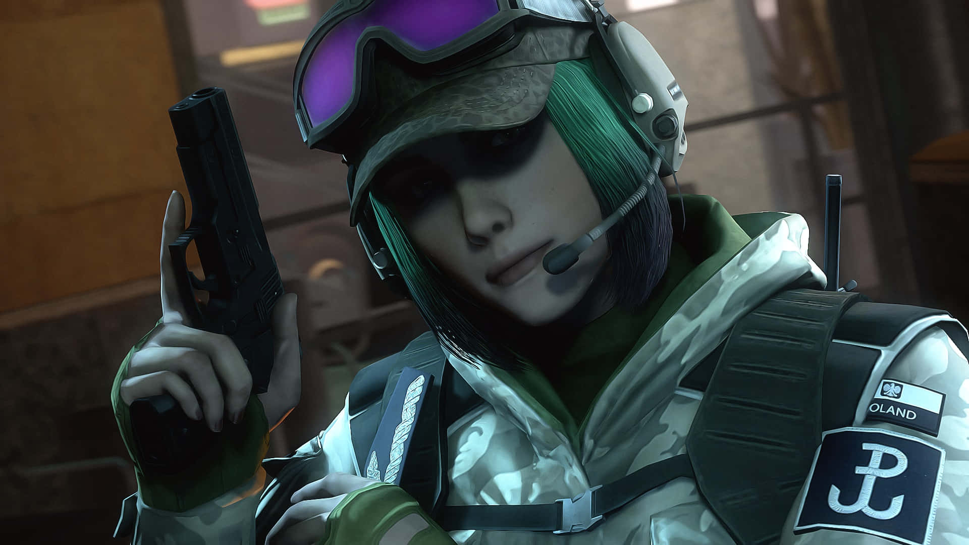 Ela R6, green hair, purple goggles, Full HD Desktop Wallpaper