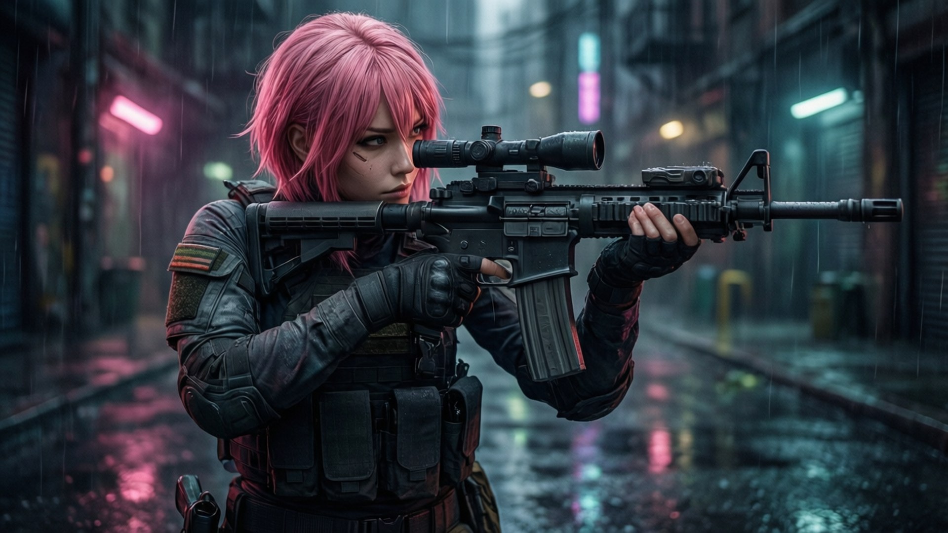 Ela, neon-lit rainy alley, tactical precision, Full HD Desktop Wallpaper
