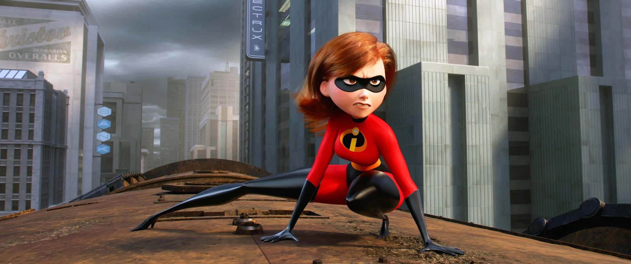 Elastigirl, red superhero suit, rusty rooftop, Full HD Desktop Wallpaper
