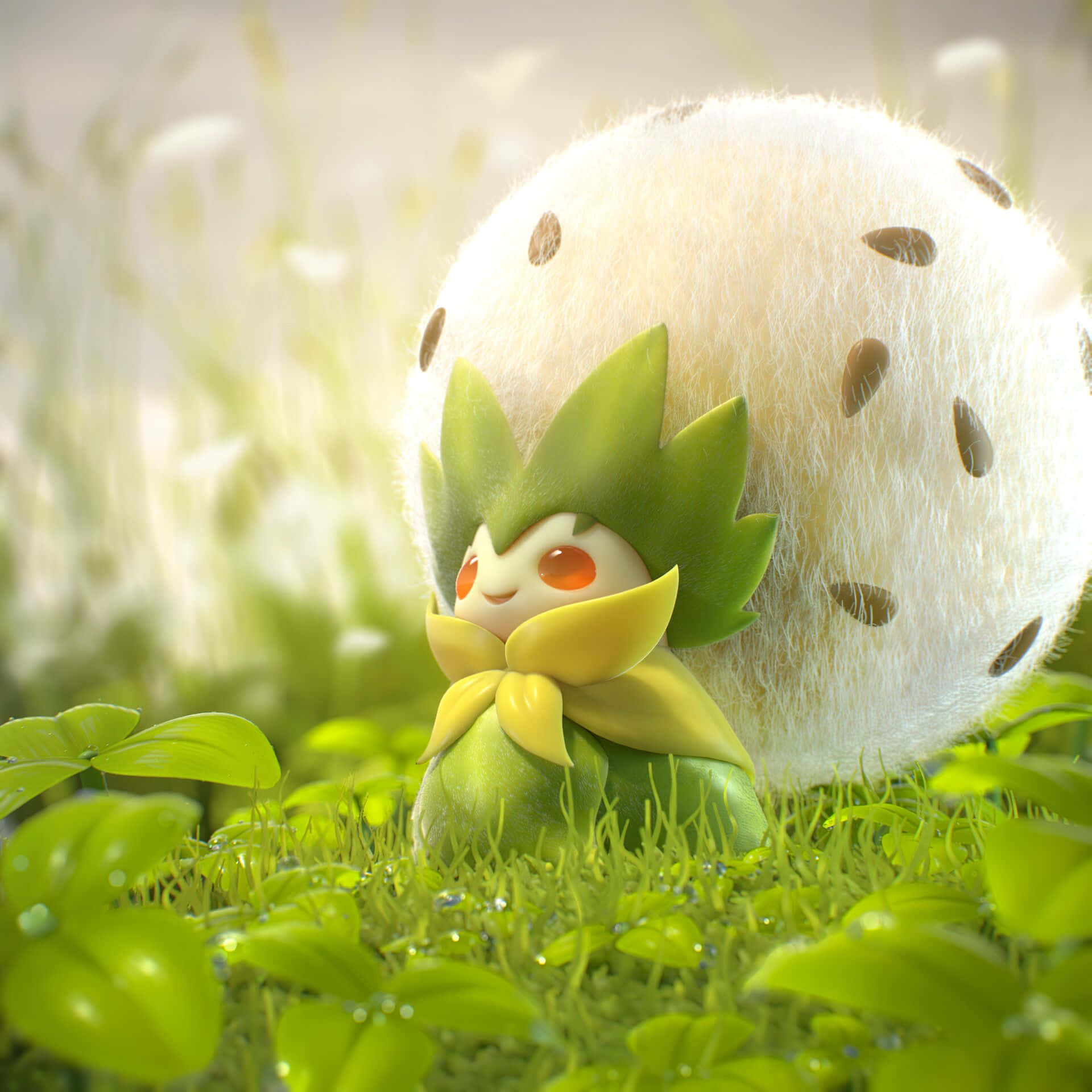 Eldegoss, green leafy hair, yellow bow, Full HD Desktop Wallpaper
