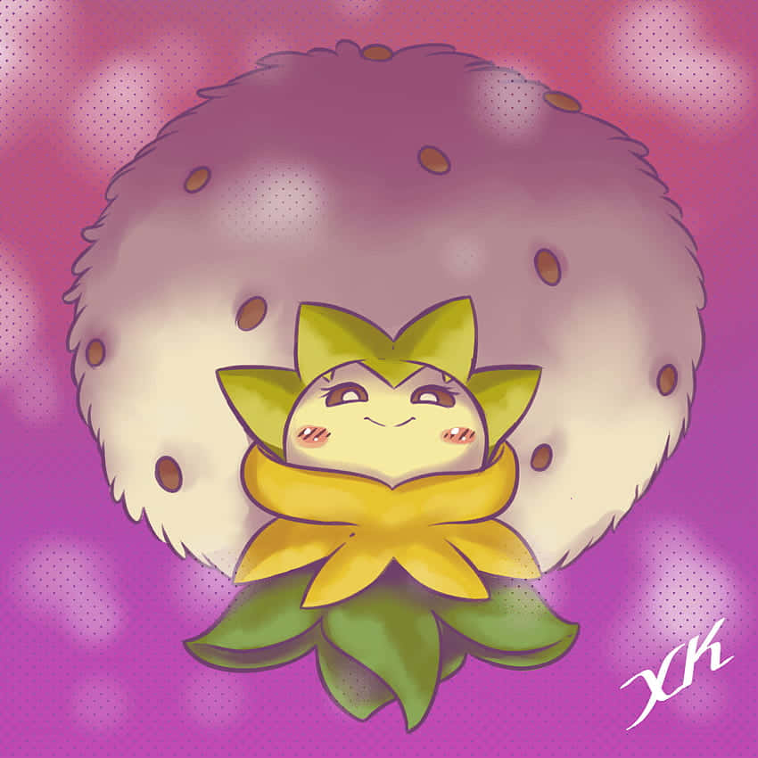 Eldegoss, pink gradient background, chibi-style, SD Desktop Wallpaper