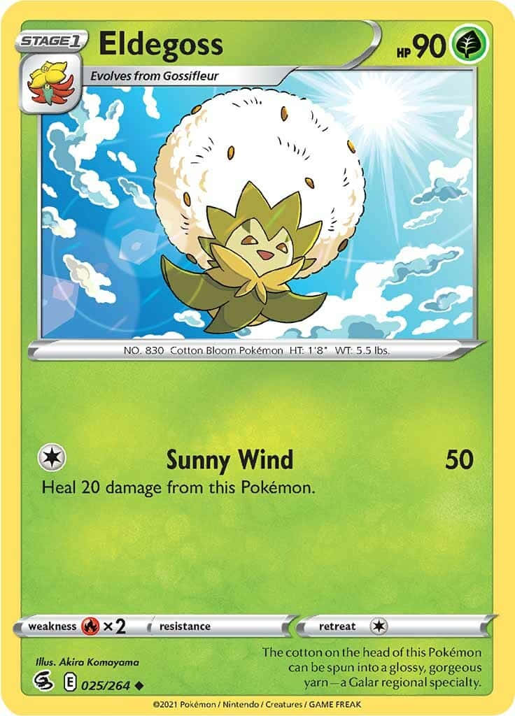 Eldegoss, green trading card, fluffy white cotton-headed creature, SD Phone Wallpaper