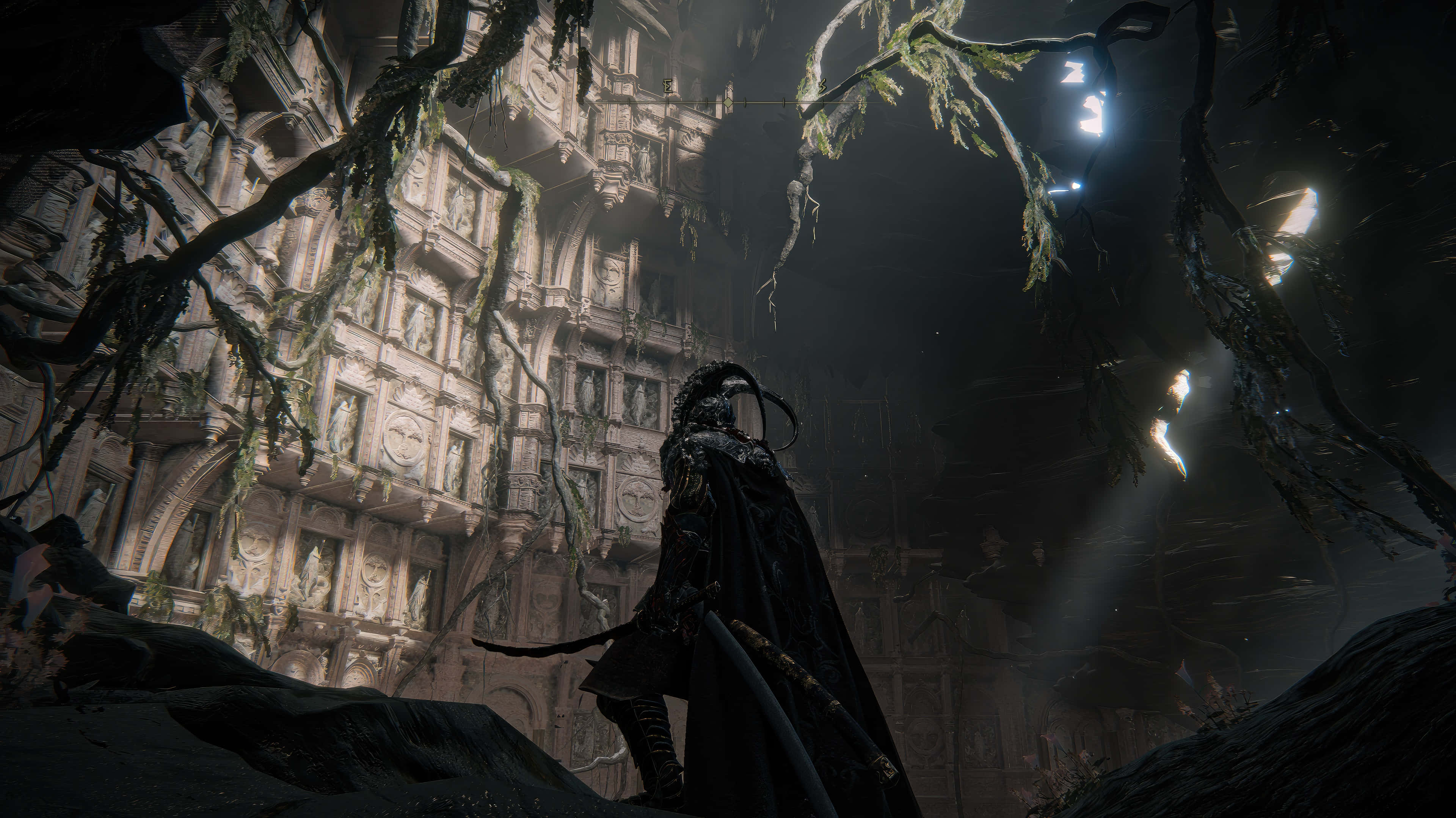 Elden Ring, cavernous ruins, black cloak, 4K Desktop Wallpaper