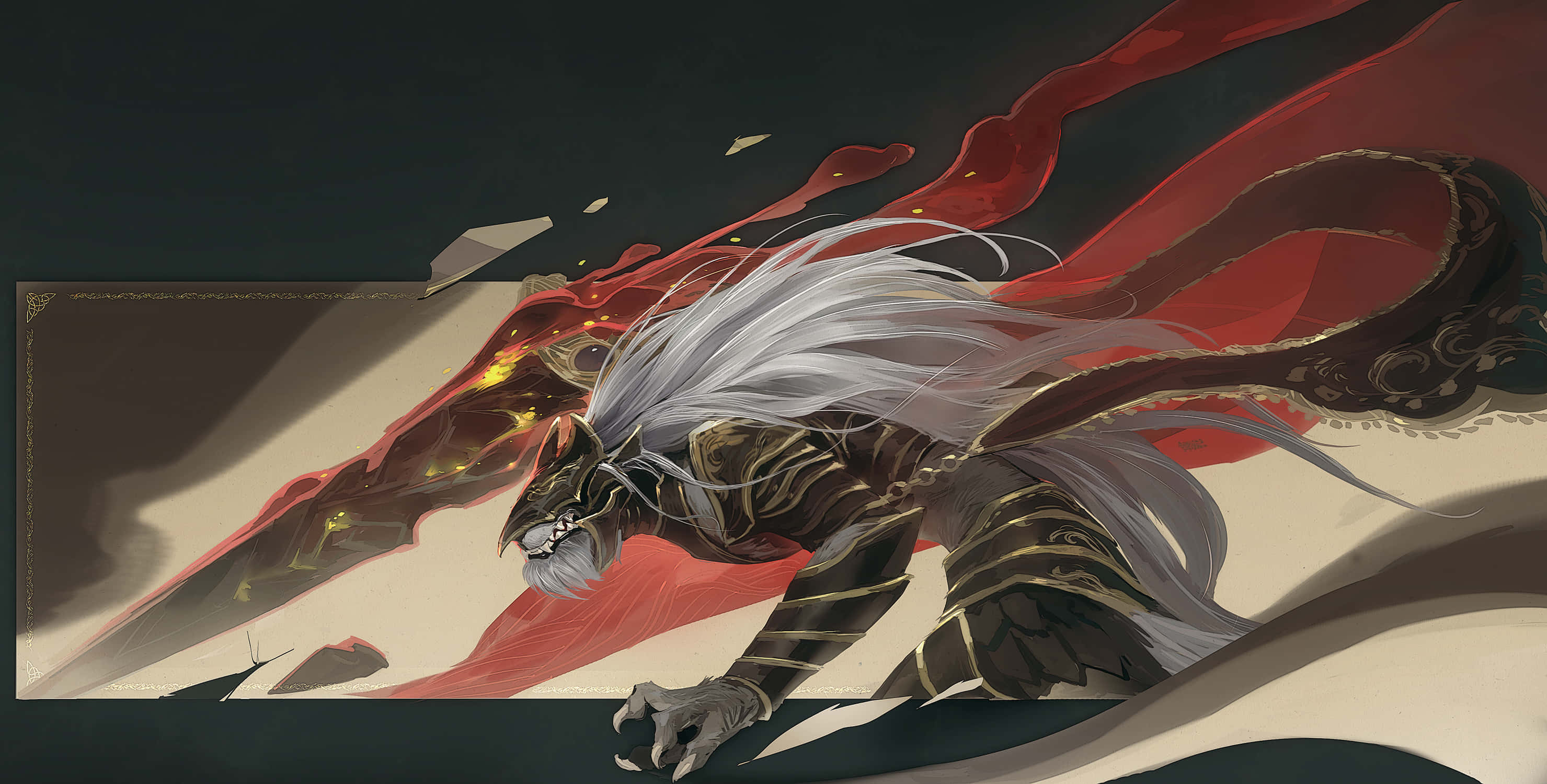 Elden Ring, fiery swordsmanship, white-haired warrior, 2K Desktop Wallpaper