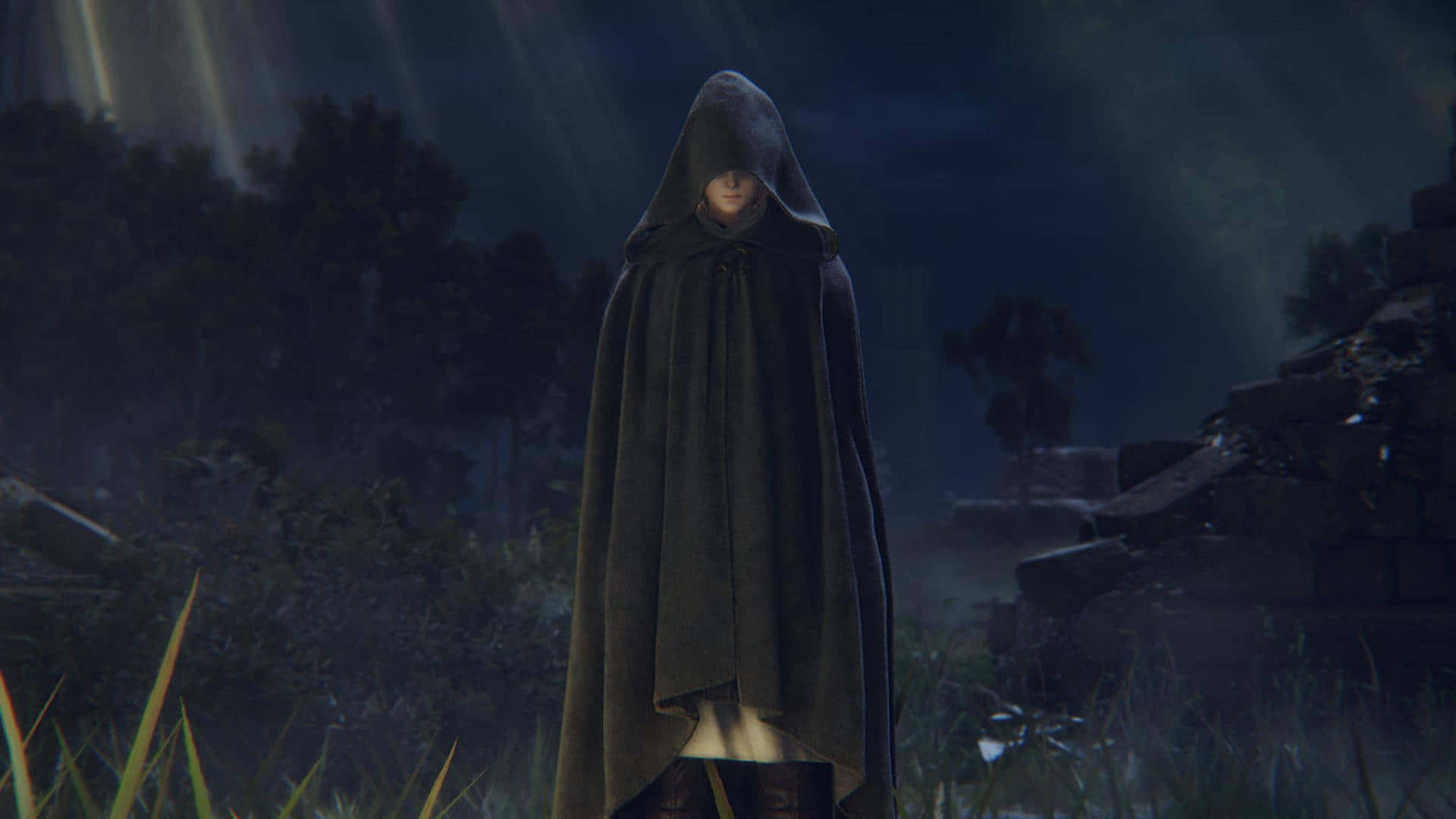Elden Ring, mysterious figure in cloak, misty ruin, Full HD Desktop Wallpaper