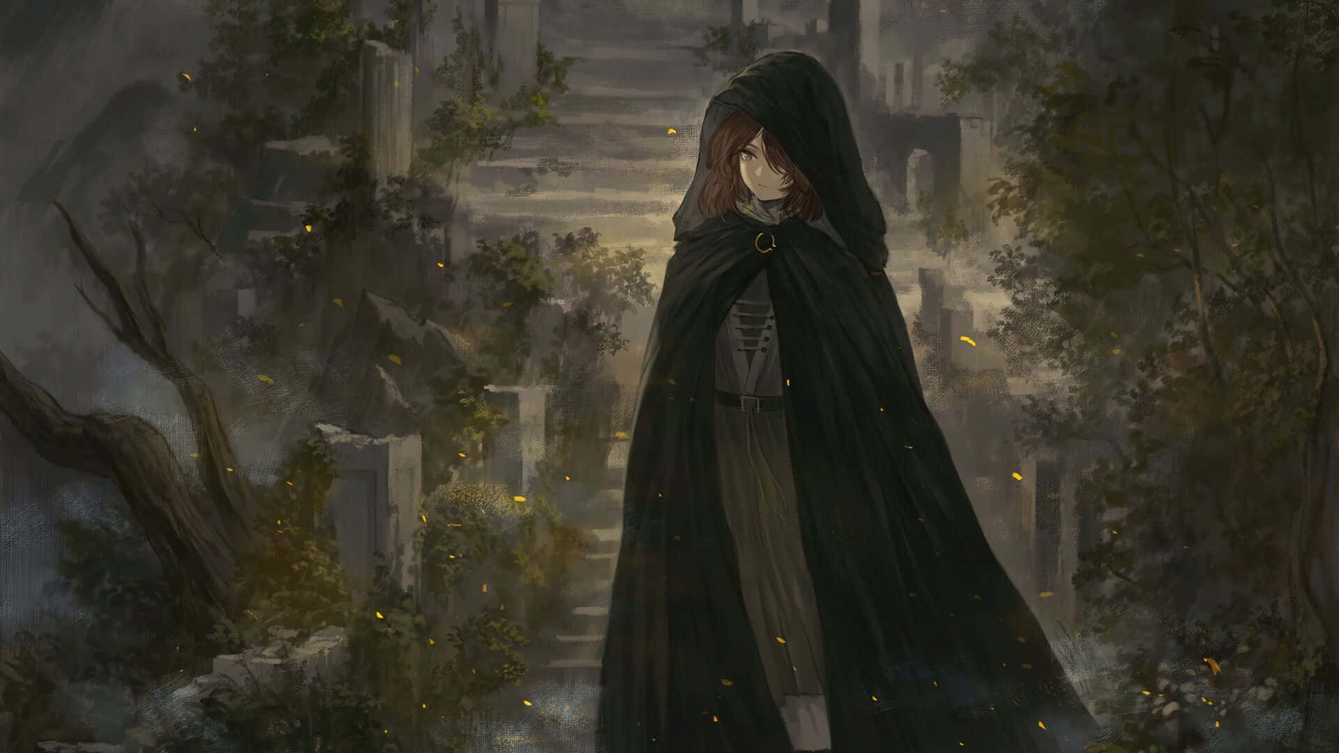 cloaked figure, misty ruin, trees, Full HD Desktop Wallpaper