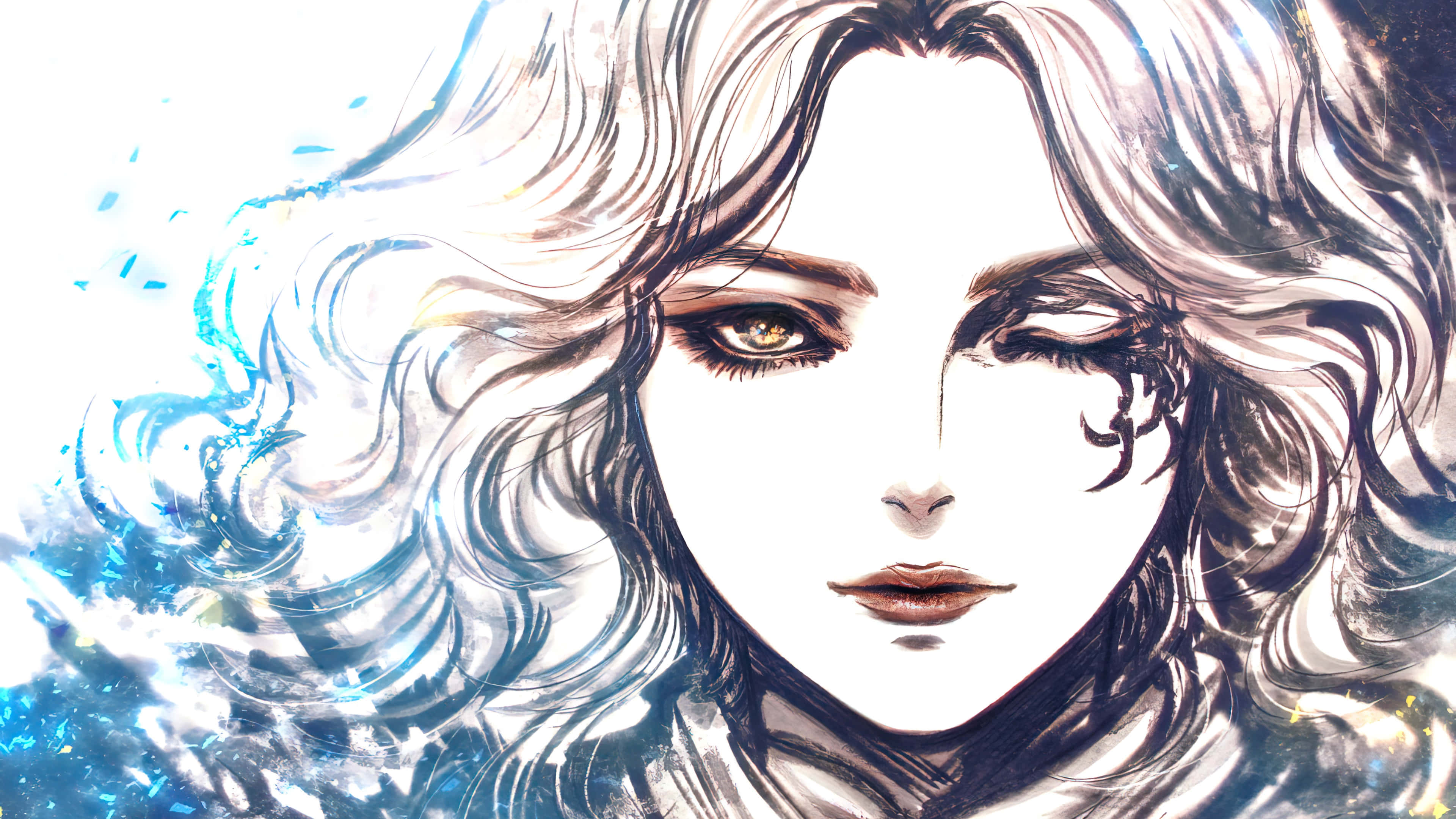 Elden Ring, anime-style portrait, woman with flowing silver hair, 4K Desktop Wallpaper