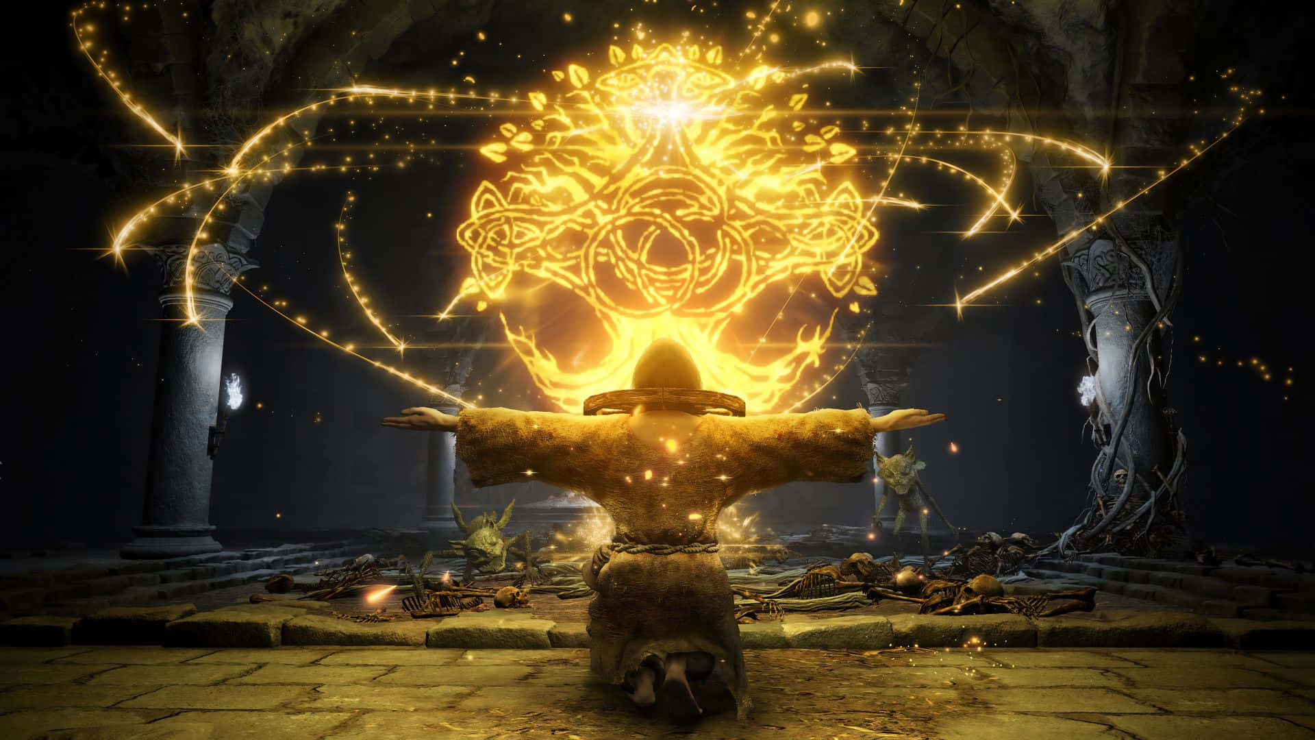 Elden Ring, robed figure, glowing golden magical sigil, Full HD Desktop Wallpaper