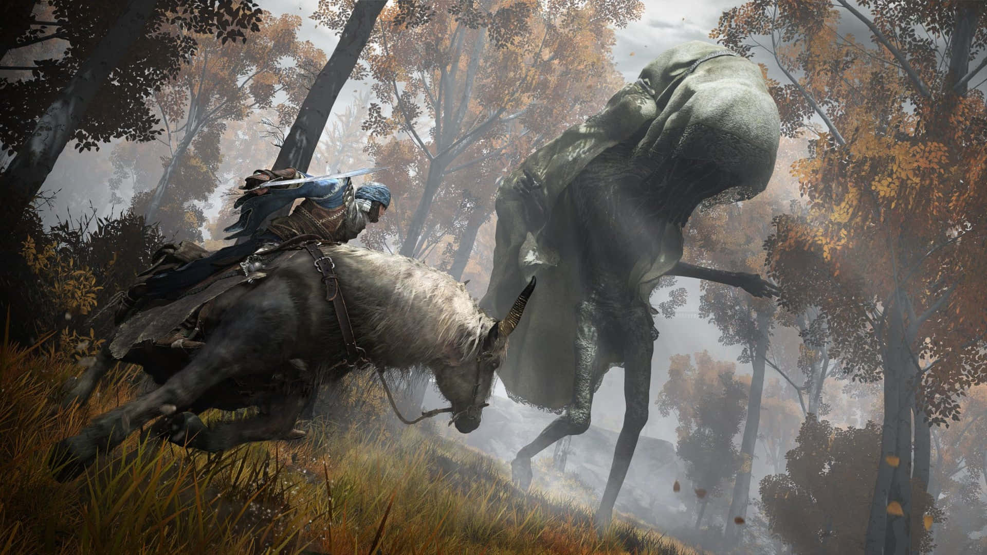 Elden Ring, knight in blue armor, charging goat, Full HD Desktop Wallpaper