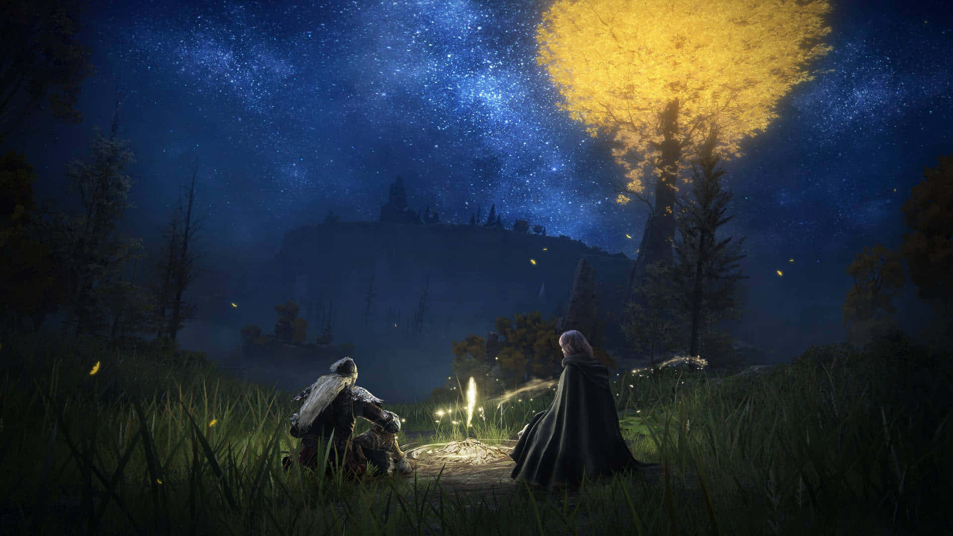 Elden Ring, starry night, glowing campfire, Full HD Desktop Wallpaper