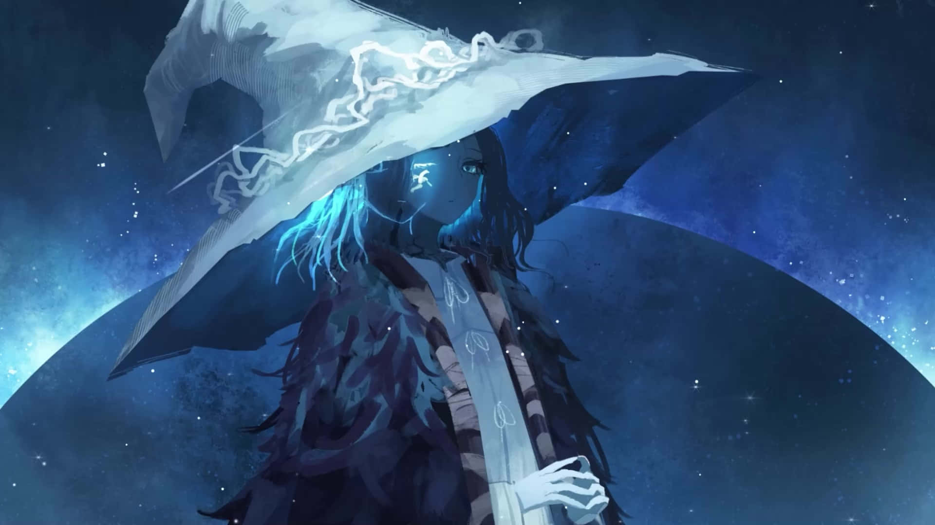 Elden Ring, mystical sorcerer, glowing blue hair, Full HD Desktop Wallpaper