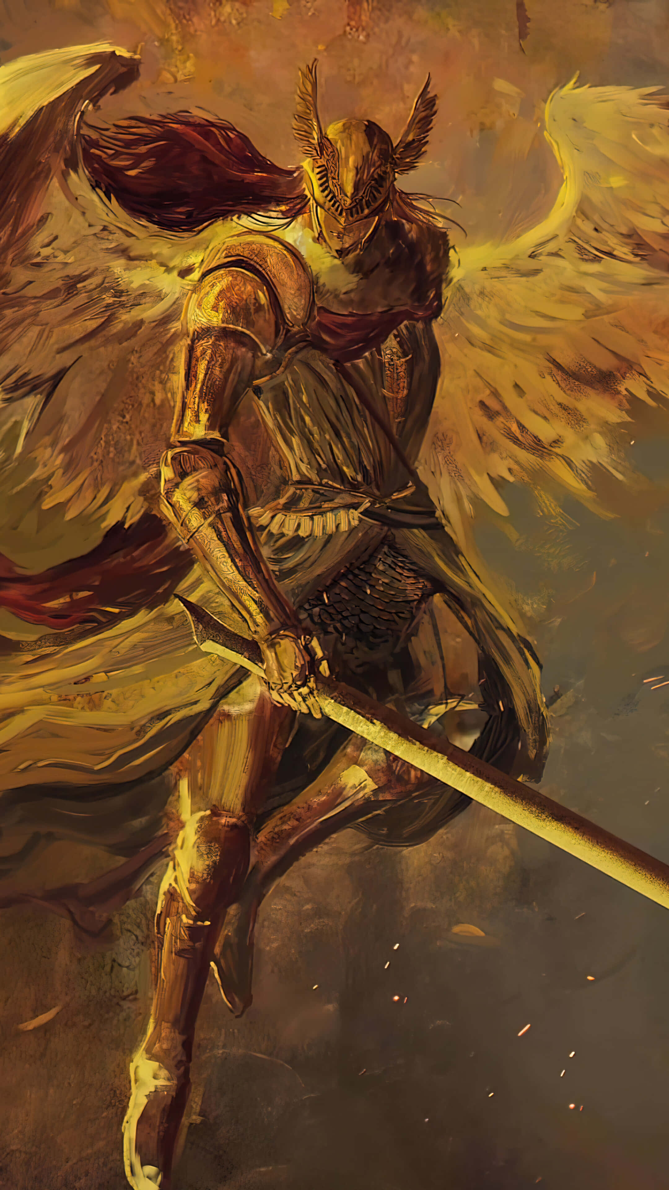 Elden Ring, winged warrior, golden-armored, 4K Phone Wallpaper