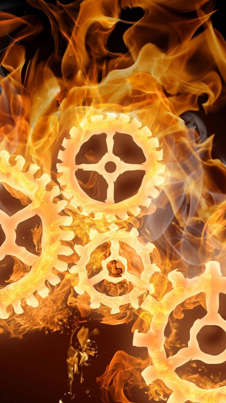 iPhone Fire, burning gears, vibrant orange flames, HD Phone Wallpaper