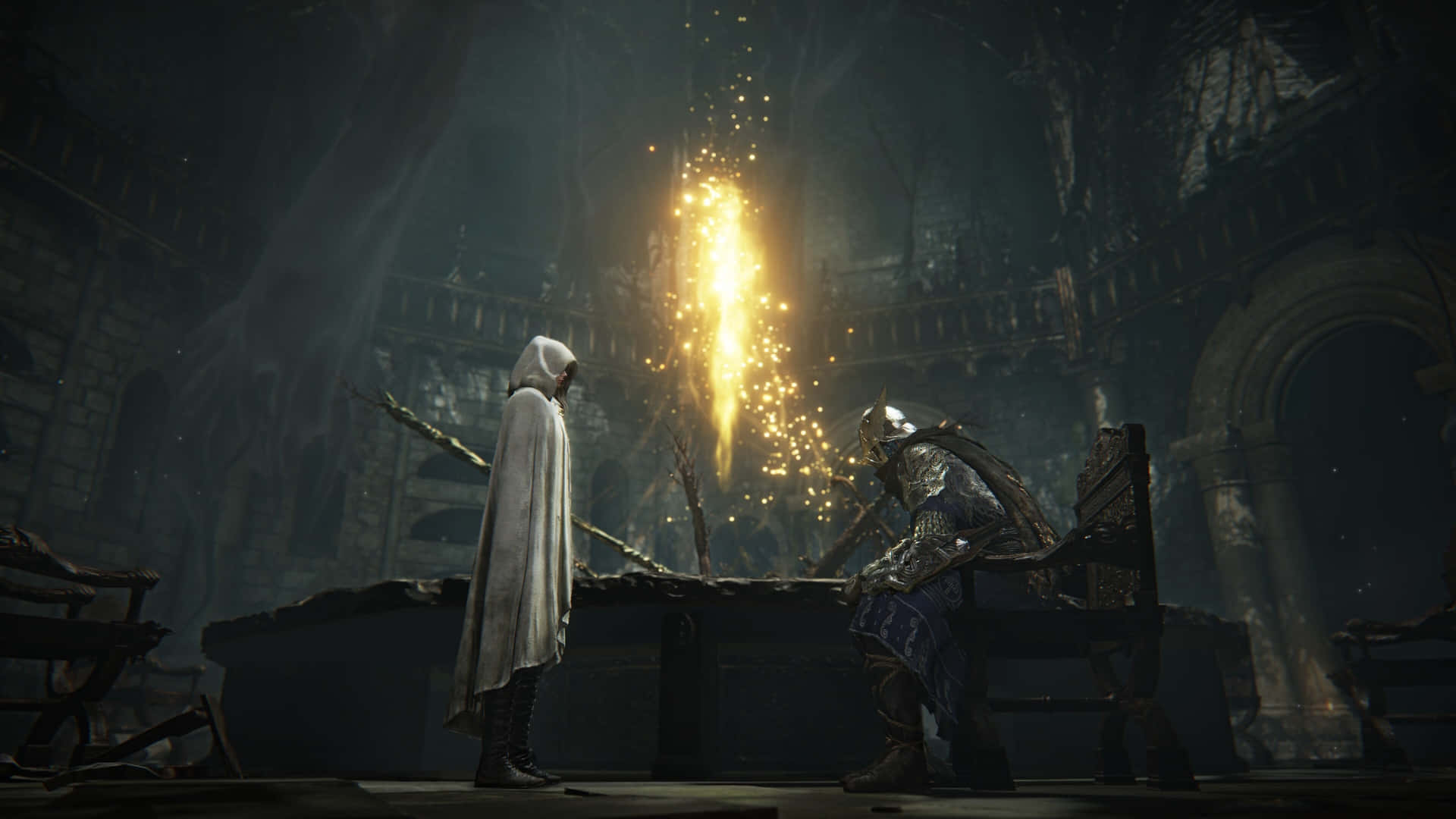Elden Ring Nightreign, hooded figure in white robes, seated armored knight, Full HD Desktop Wallpaper