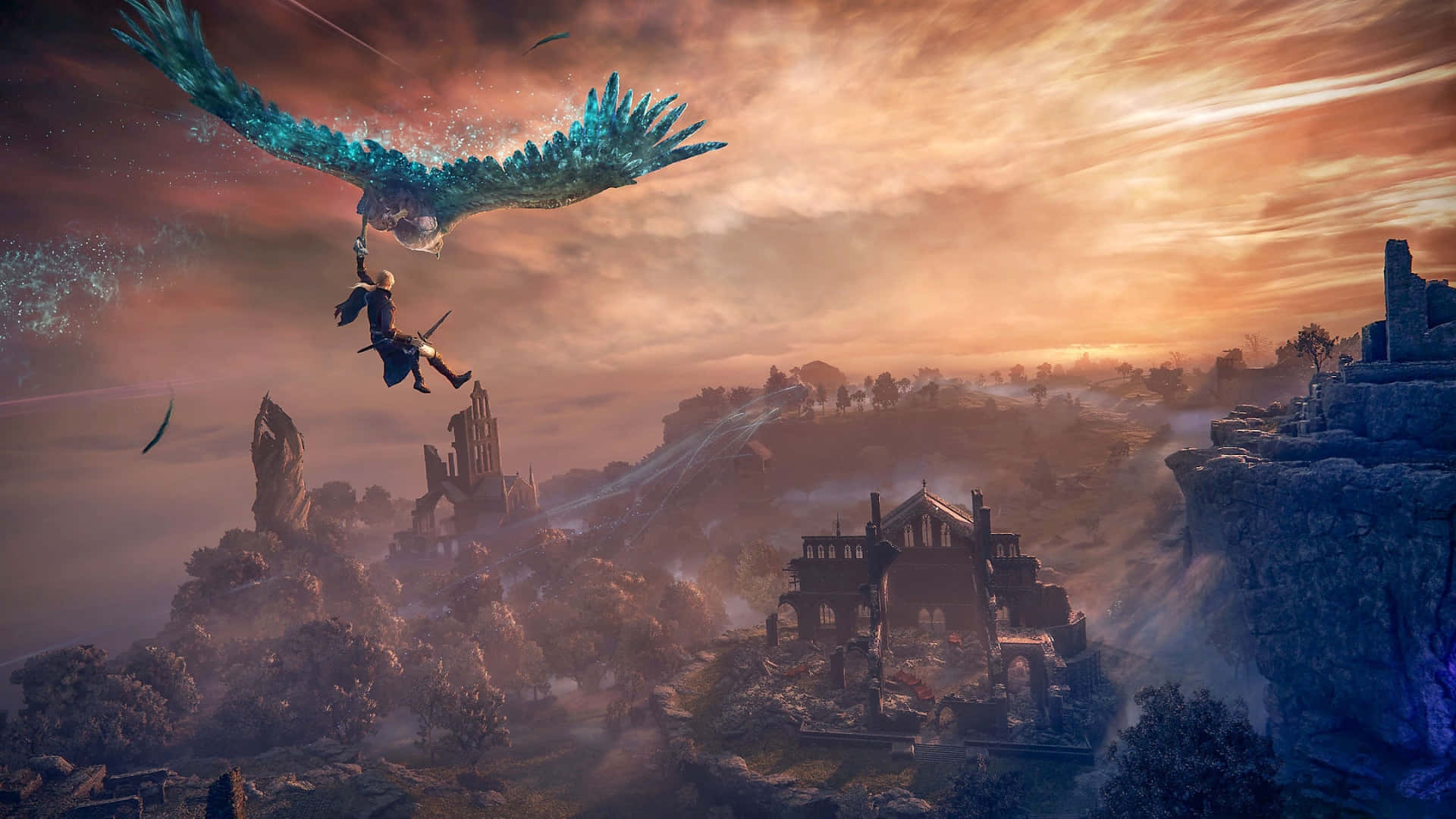 Elden Ring Nightreign, glowing blue dragon, misty ruinous landscape, Full HD Desktop Wallpaper