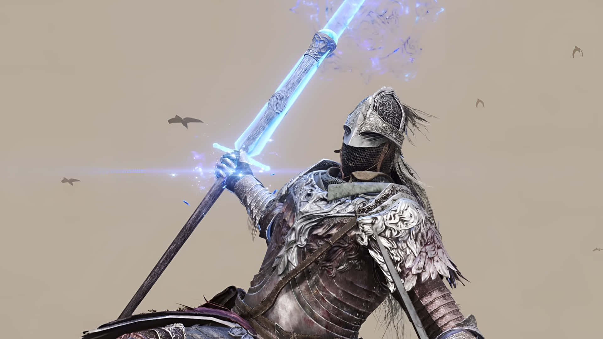 Elden Ring Nightreign Armor, silver armor, glowing blue lance, Full HD Desktop Wallpaper